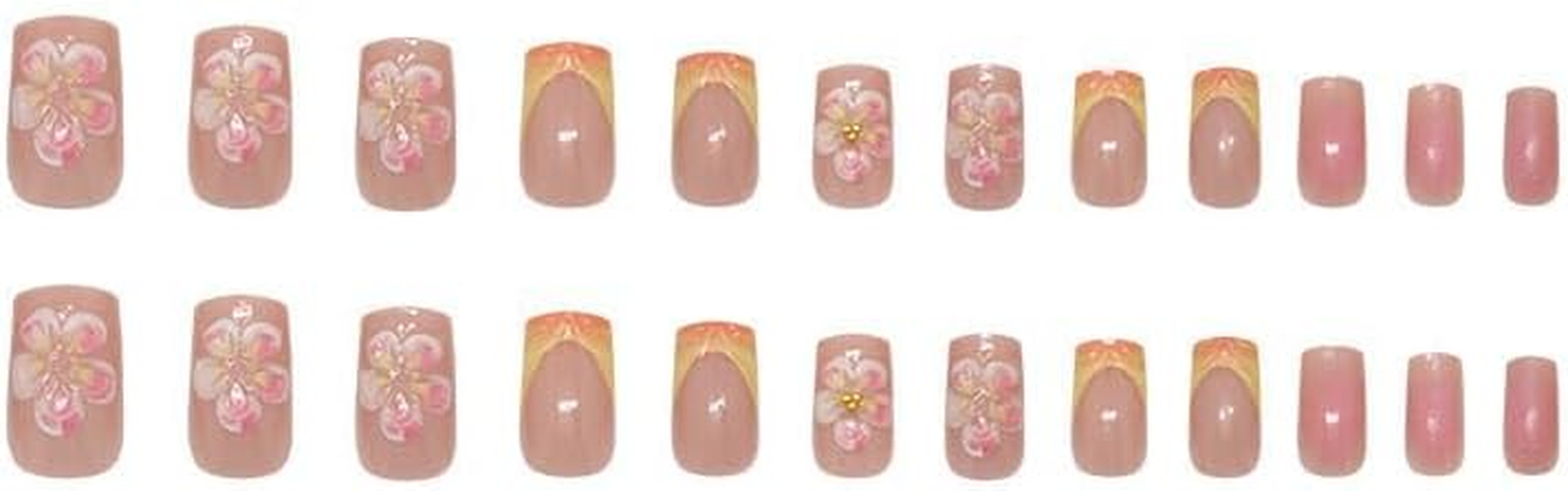 LYMCY Press on Nails French,3D Striped Ice Flower and Gold Bean Fake Nails, Artificial Nails for Women and Girls -24 Pcs image number 4