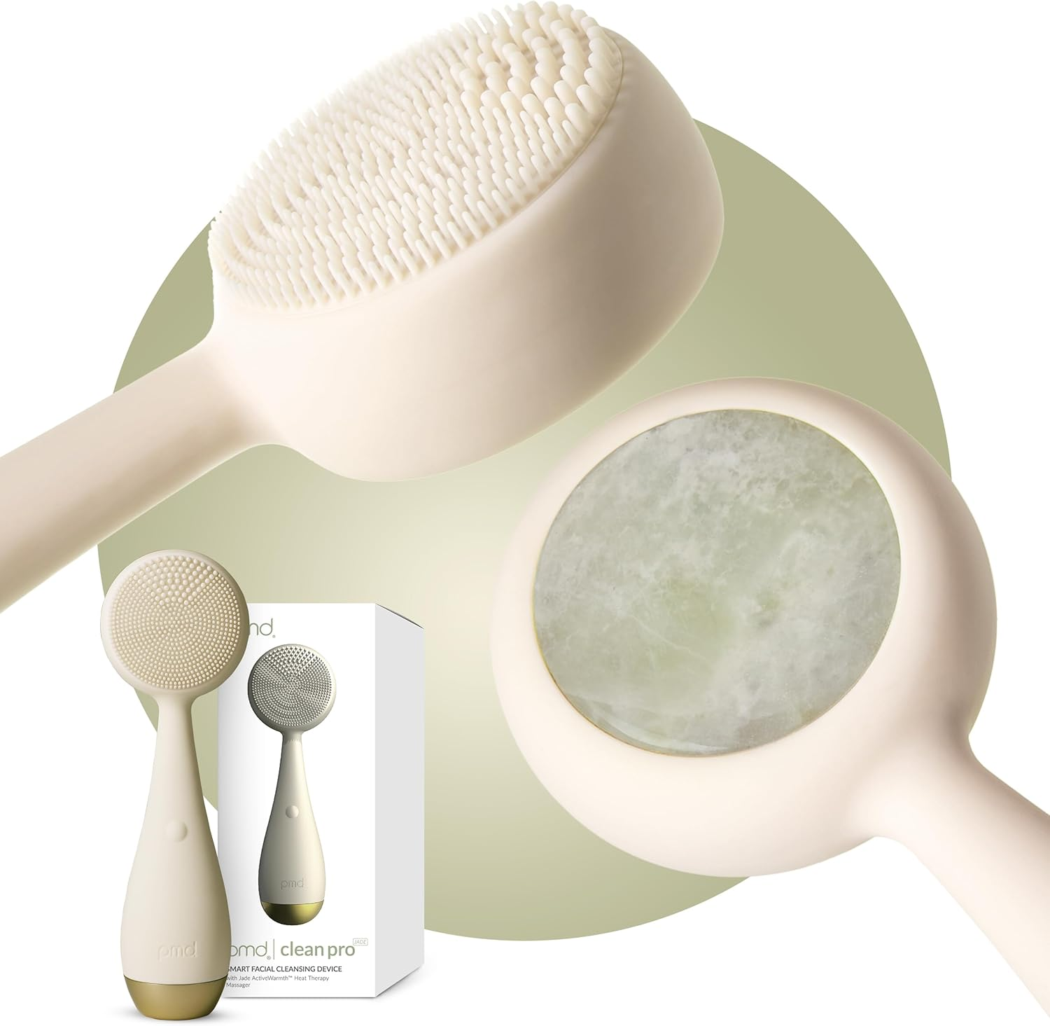 PMD Clean Pro Jade - Smart Facial Cleansing Device with Silicone Brush & Jade Gemstone Activewarmth Anti-Aging Massager - Waterproof - Sonicglow Vibration - Lift, Firm, and Tone Skin on Face and Body