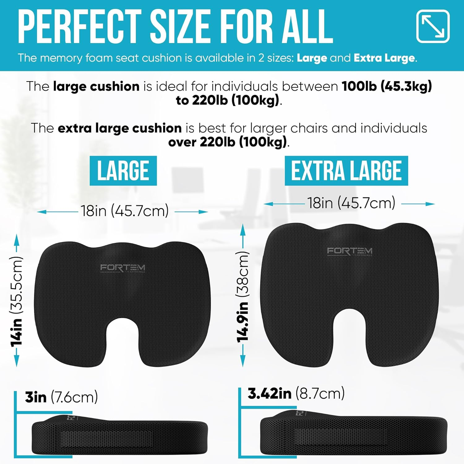 FORTEM XL Chair Cushion/Seat Cushion for Office, Lumbar Support for Chair, Back Support Memory Foam Pillow Washable Cover (Black, Mesh) image number 1