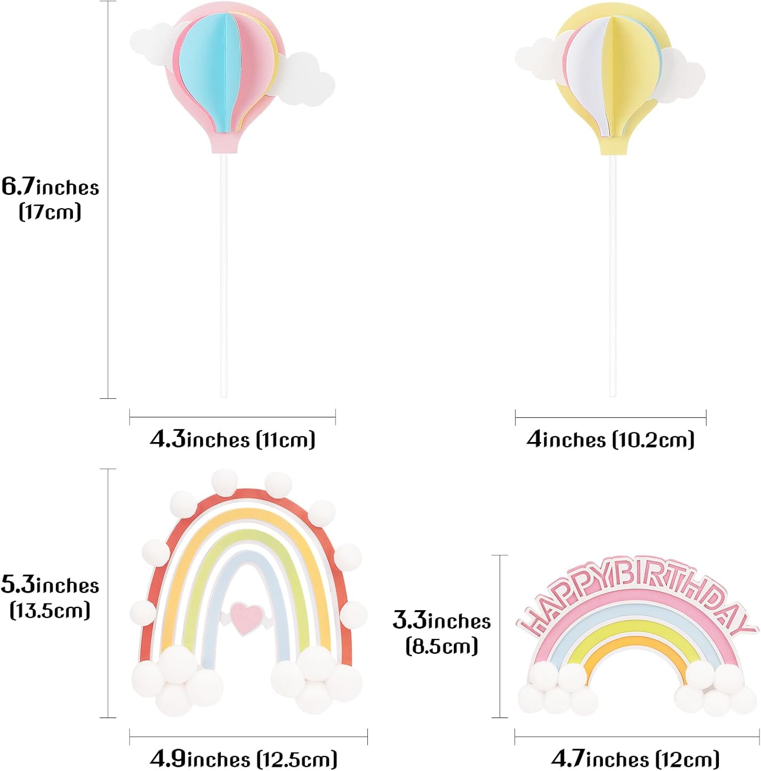 Hannafires (22PCS) 2 Rainbow Pom Pom Cake Toppers & 20 3D Pink & Yellow Balloon Decorations &ndash; Heart-Shaped Cake Picks for Baby, Little Princess Birthday Parties & Baking image number 5