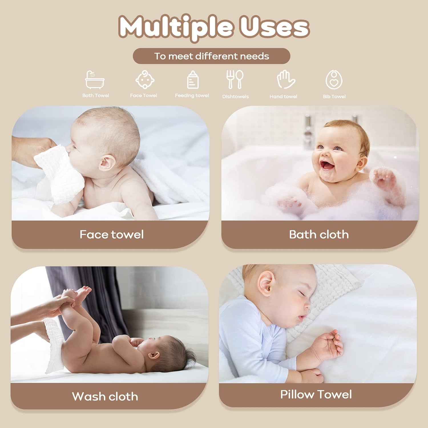 Yoofoss Muslin Baby Washcloths 100% Cotton Face Towels 10 Pack Wash Cloths for Baby 12X12In Soft and Absorbent Baby Wipes (White) - White image number 4