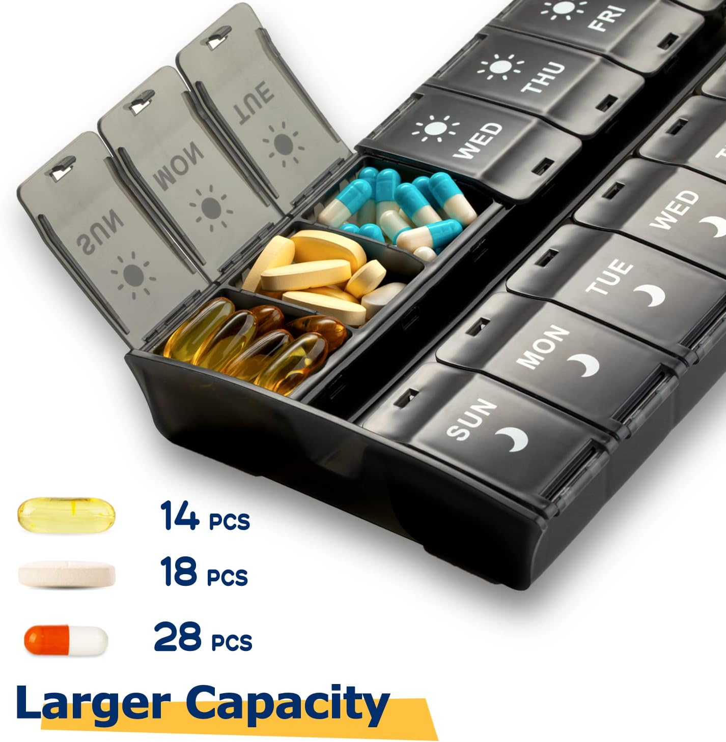 Xl Large Pill Organizer 7 Day, Weekly Medicine Pill Box 2 Times a Day，Am Pm Pill Case Organizer 14 Compartments with Hinged Lids Design，Daily Vitamin Box Pill Dispenser for Fish Oil/Supplements(Black) - Rainbow image number 7
