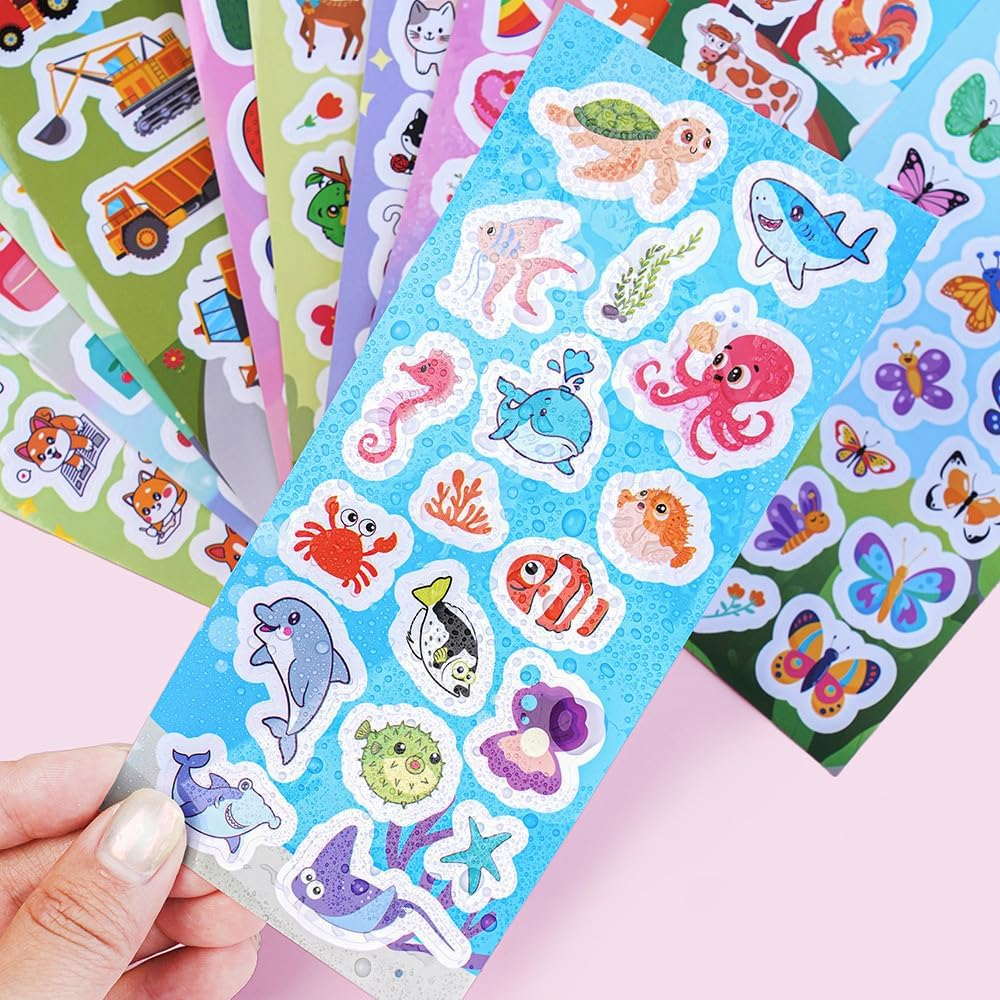 460Pcs Stickers for Kids, 24 Sheets Mixed Water Bottle Vinyl Stickers Pack for Kids with Cute Animals, Cars,Excavator,Stationery, Fruit, Poultry, Dog, Dinosaur, Butterfly, Cake, Ocean, Cat Sticker image number 4