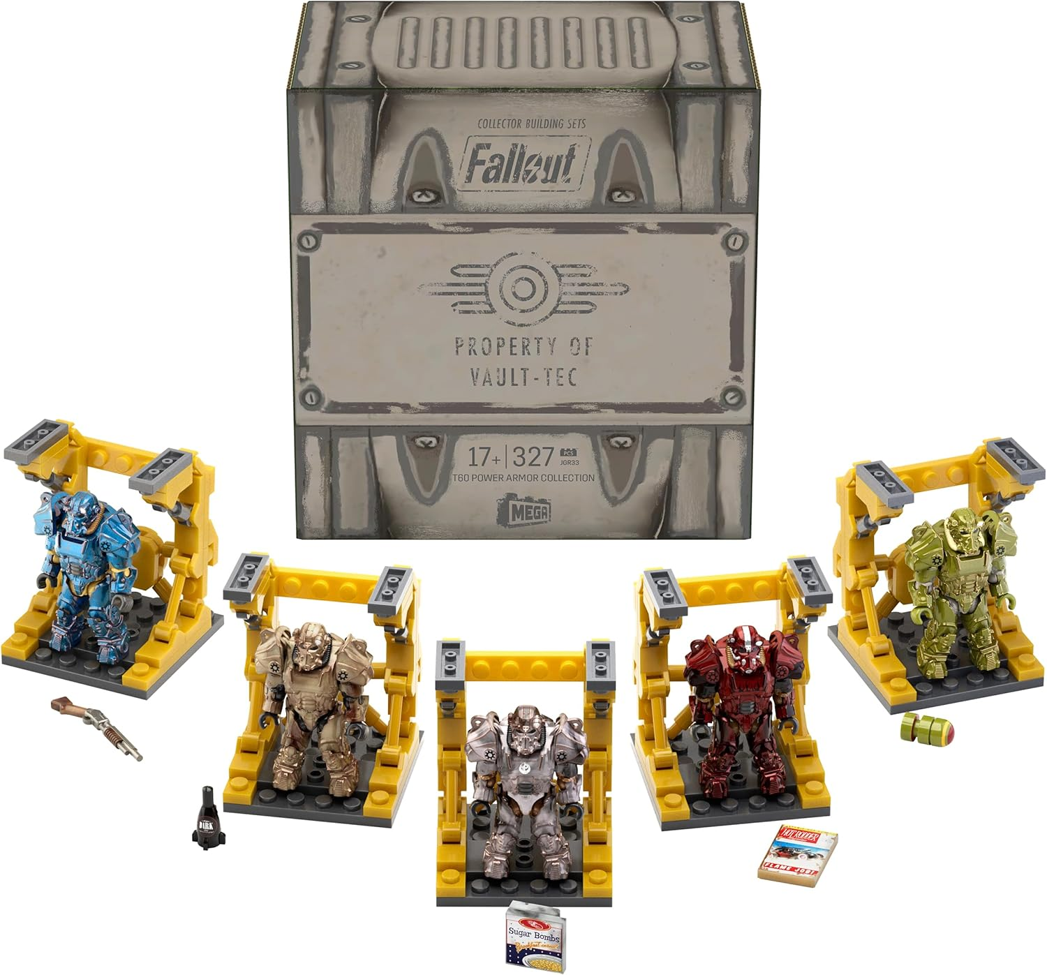 MEGA Fallout Action Figure Building Toy, T-60 Power Armor Collection with 327 Pieces, 5 Micro Action Figures and Accessories, for Collectors image number 3