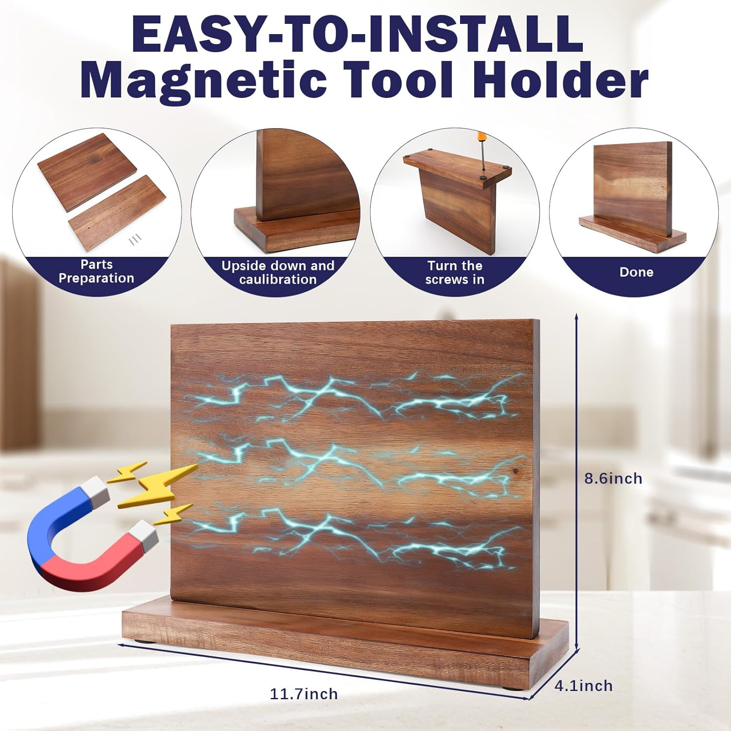 Magnetic Knife Holder, Wooden Knife Magnetic Strip, Magnetic Knife Block, with Strong Magnets, Kitchen Knives Organizer Tools No Drilling image number 3