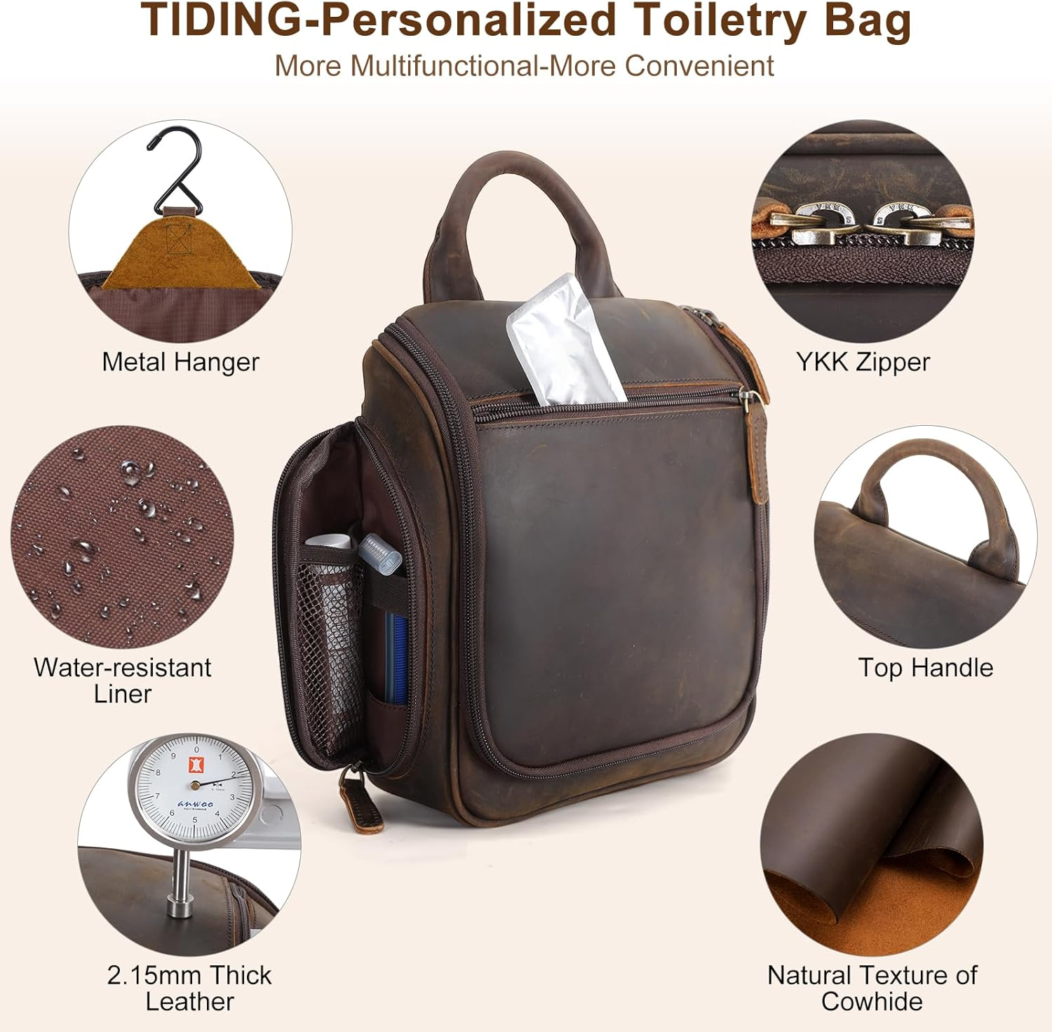 TIDING Leather Hanging Travel Toiletry Bag for Men Women Large Expandable Portable Toiletries Organizer for Travel Business Gym Use Leather Toiletries Bathroom Cosmetic Storage image number 4