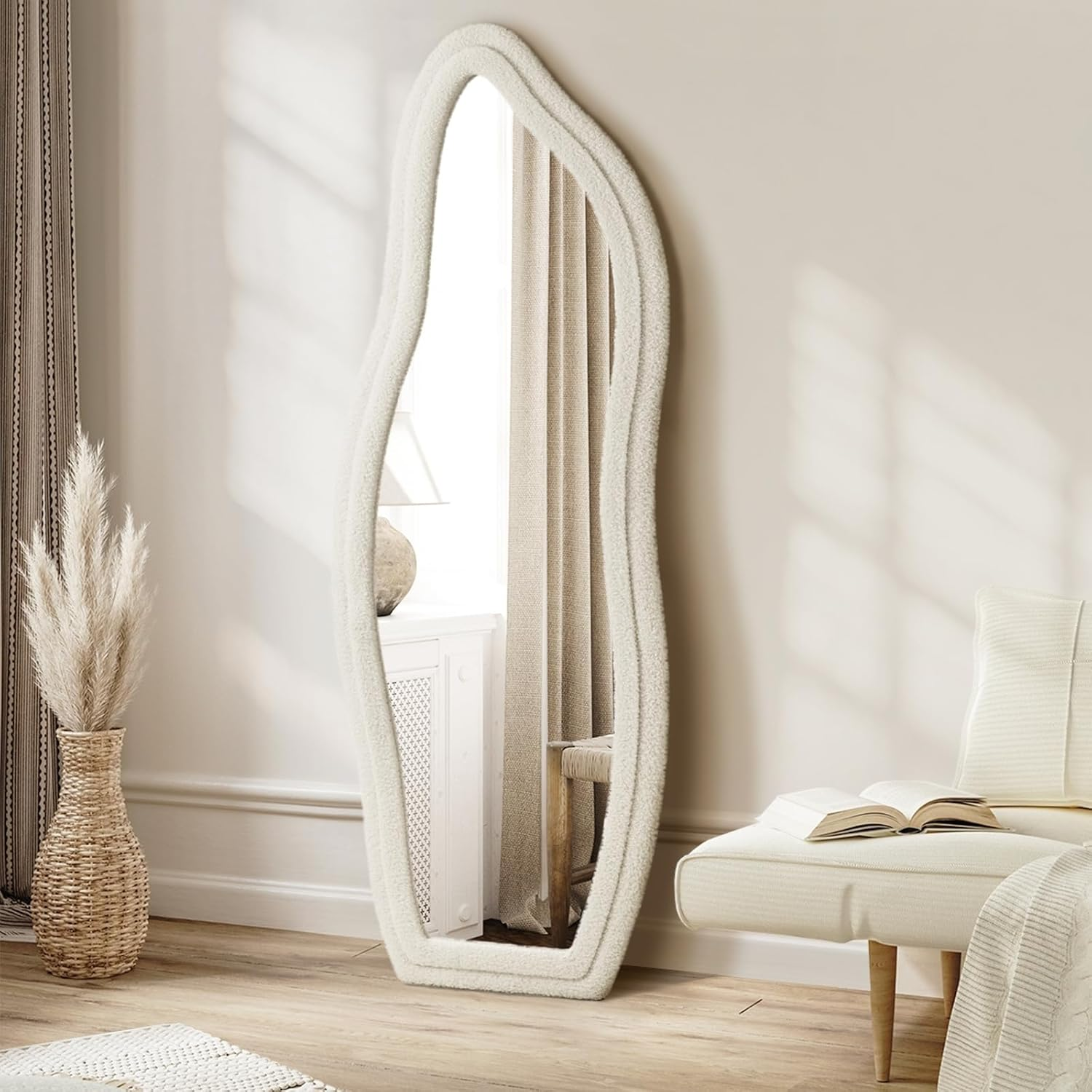 Oikiture Full Length Mirror 160 X 57 Cm Irregular Floor Standing Mirror with Boucle Fabric Frame image number 4