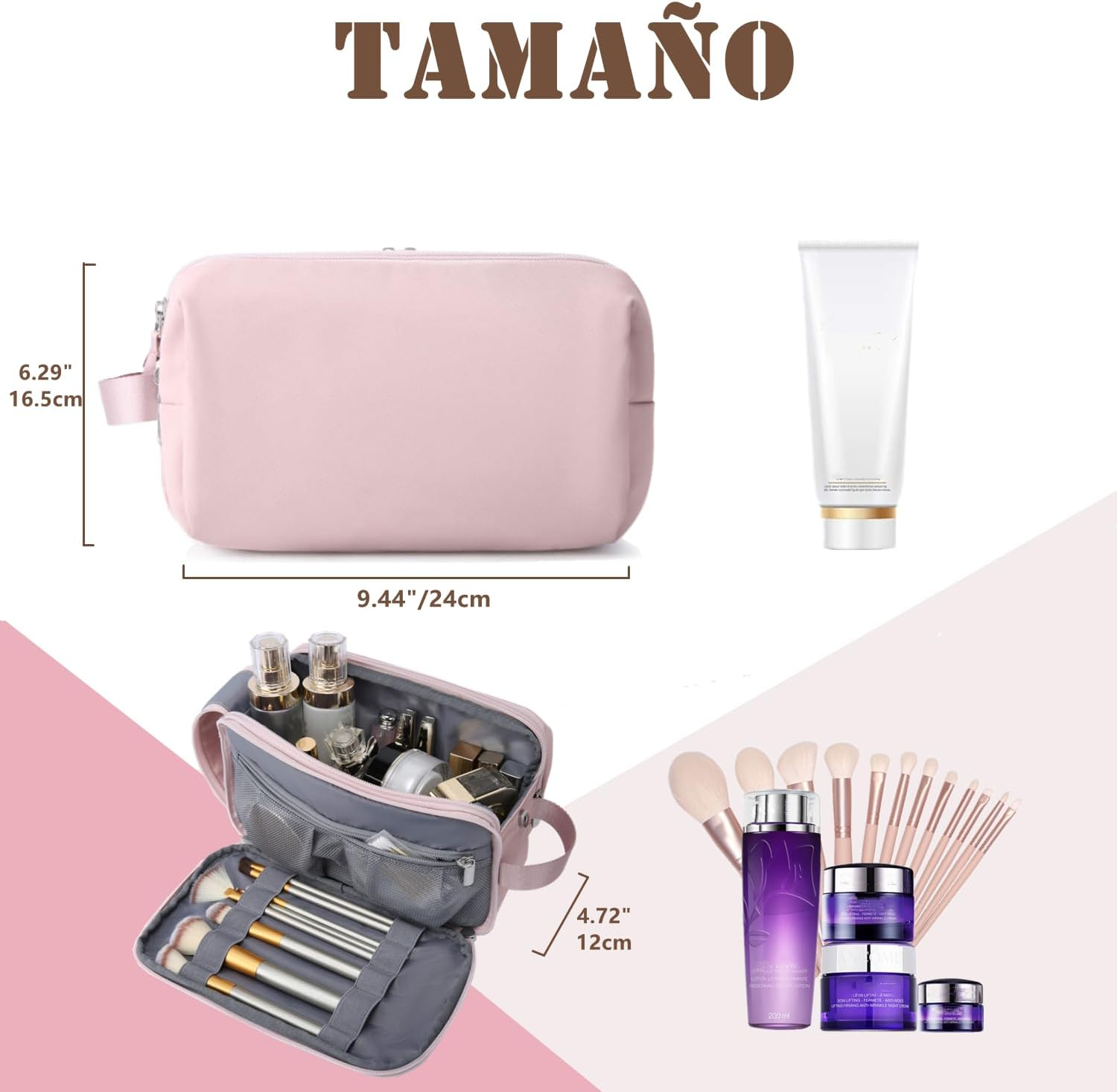 Travel Cosmetic Bag, Makeup Bag with Waterproof Zipper, Portable Makeup Brush Organizer for Women, Small Multifunctional Cosmetic Bag image number 4