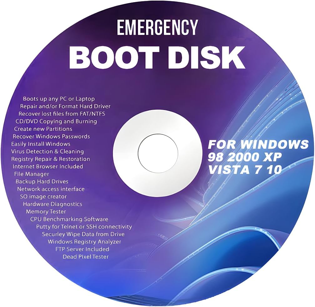 DVD for Windows Emergency Boot Disk for Windows 98, 2000, XP, Vista, 7, 10 PC Repair DVD All in One Tool (Latest Version)