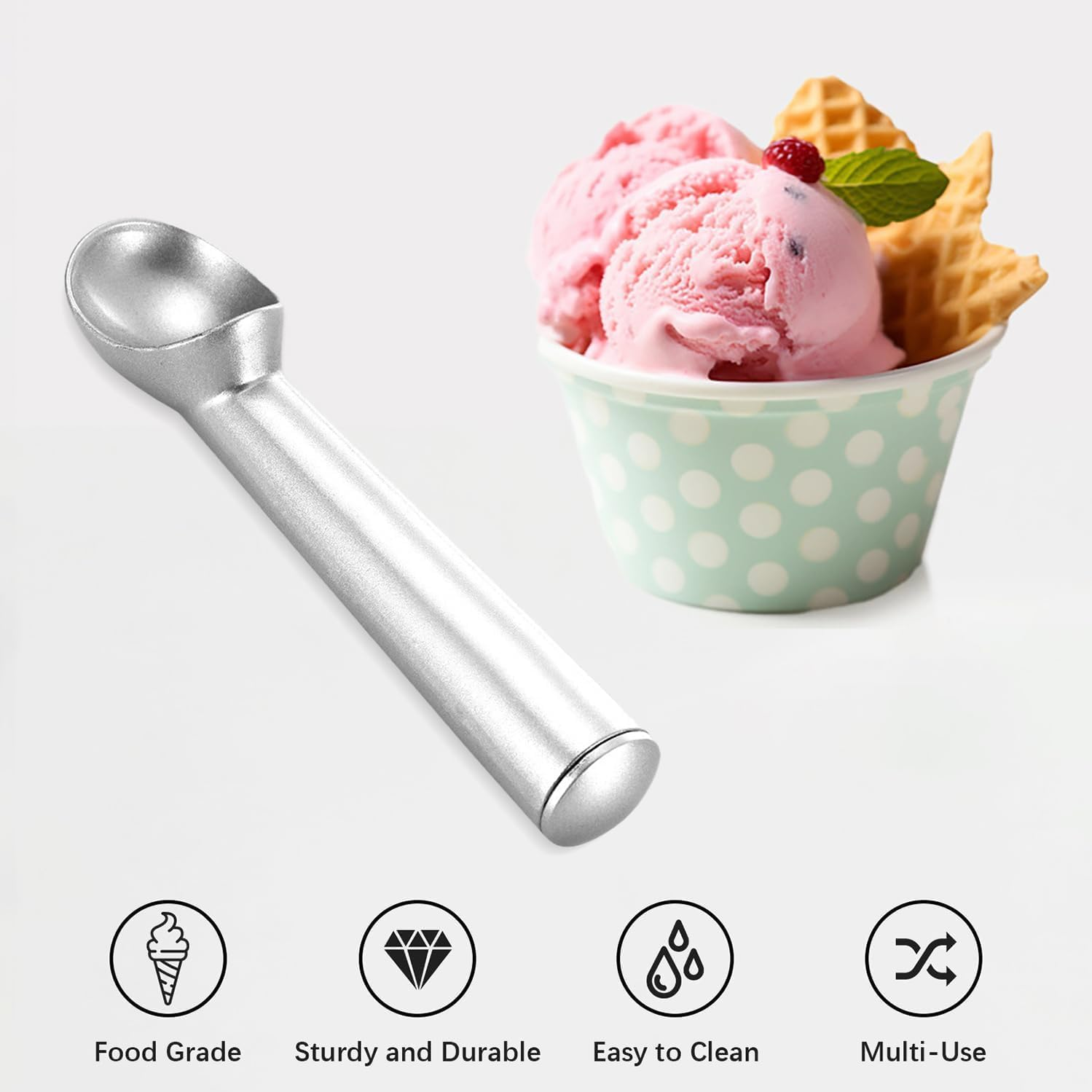 Ice Cream Scoop, 7 Inches Nonstick Anti-Freeze One Piece Aluminum Scooper Spoon, Durable, Lightweight, Perfect for Frozen Desserts, for Gelato, Cookie Dough, Sorbet, Almond image number 3