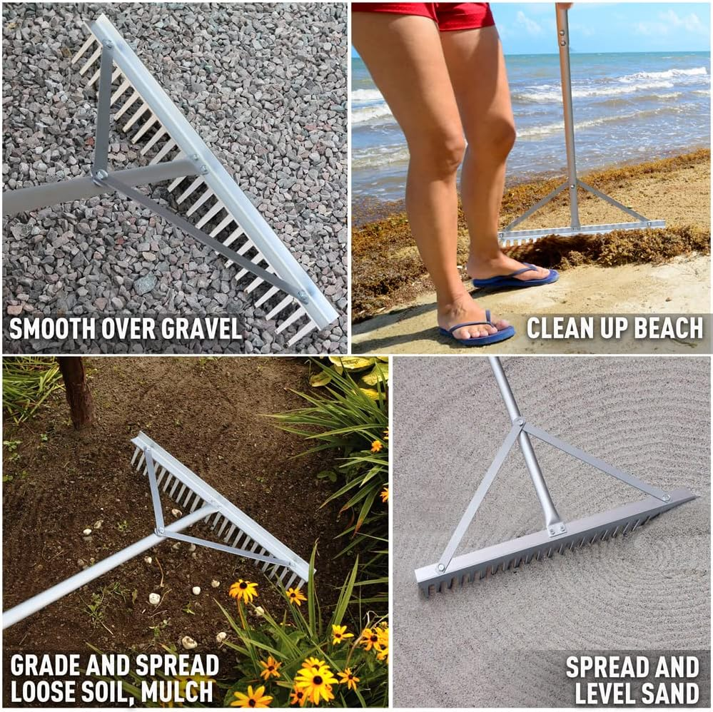 Colwelt Landscape Rake 24Tines, Aluminum Rakes with 68" Handle, 24" Landscape Rake Landscaping Tool for Beach and Lawn Care image number 1