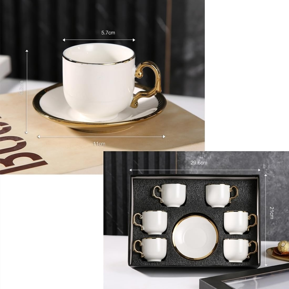 Frafuo 6Pcs Espresso Turkish Coffee Cups and Saucers Set - Elegant Ceramic Tea Cups with Modern Gold Trim, Dishwasher & Microwave Safe, 90Ml Capacity, Luxury Gift Box Packaging(White) image number 2