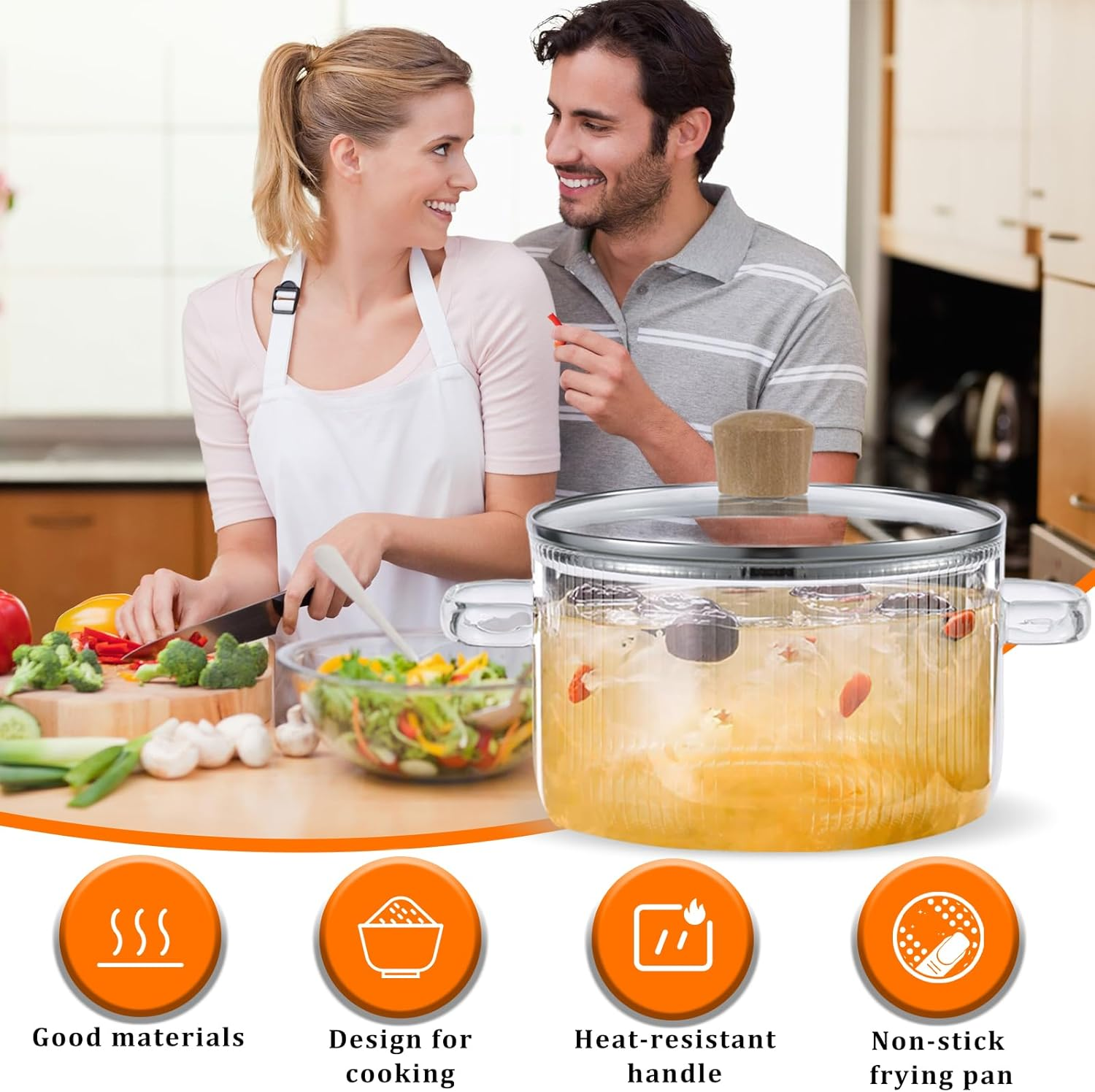 Glass Saucepan with Lid, 1.6L/54Oz Heat Resistant Stovetop Pot with Handles Non-Stick Borosilicate Glass Stovetop Soup Pot Clear Cooking Pot Safe Cooking Pot for Soup Milk Sauce Pasta image number 2