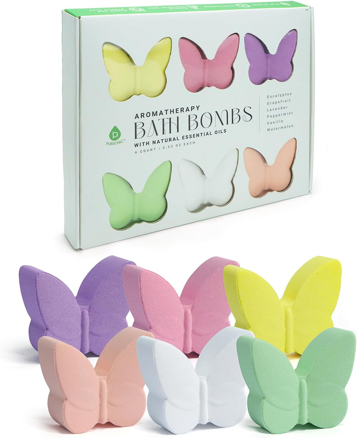 Pursonic Aromapathy Bath Bombs Gift Set - 6 Pcs Essential Oils Bath Bombs for Women - Spa Fizzies Christmas Gifts for Women (Eucalyptus, Lavender, Peppermint, Watermelon, Vanilla, Grapefruit)