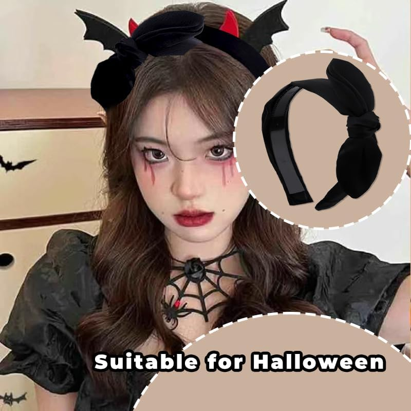 Black Bow Headbands for Fine Curly Hair Turban Headbands for Girls Women Non Slip Thin Headband Bow Hair Bands for Girls Women Ribbon Headband for Halloween Christmas Party Hair Accessories image number 4