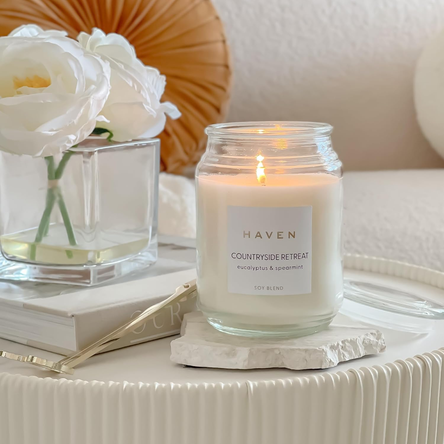 Haven Eucalyptus & Spearmint Scented Candle in Glass Jar - Clean-Burning Soy Wax Blend with Natural Cotton Wick - Long-Lasting Aromatherapy Candle for Home Decor & Fragrance image number 1