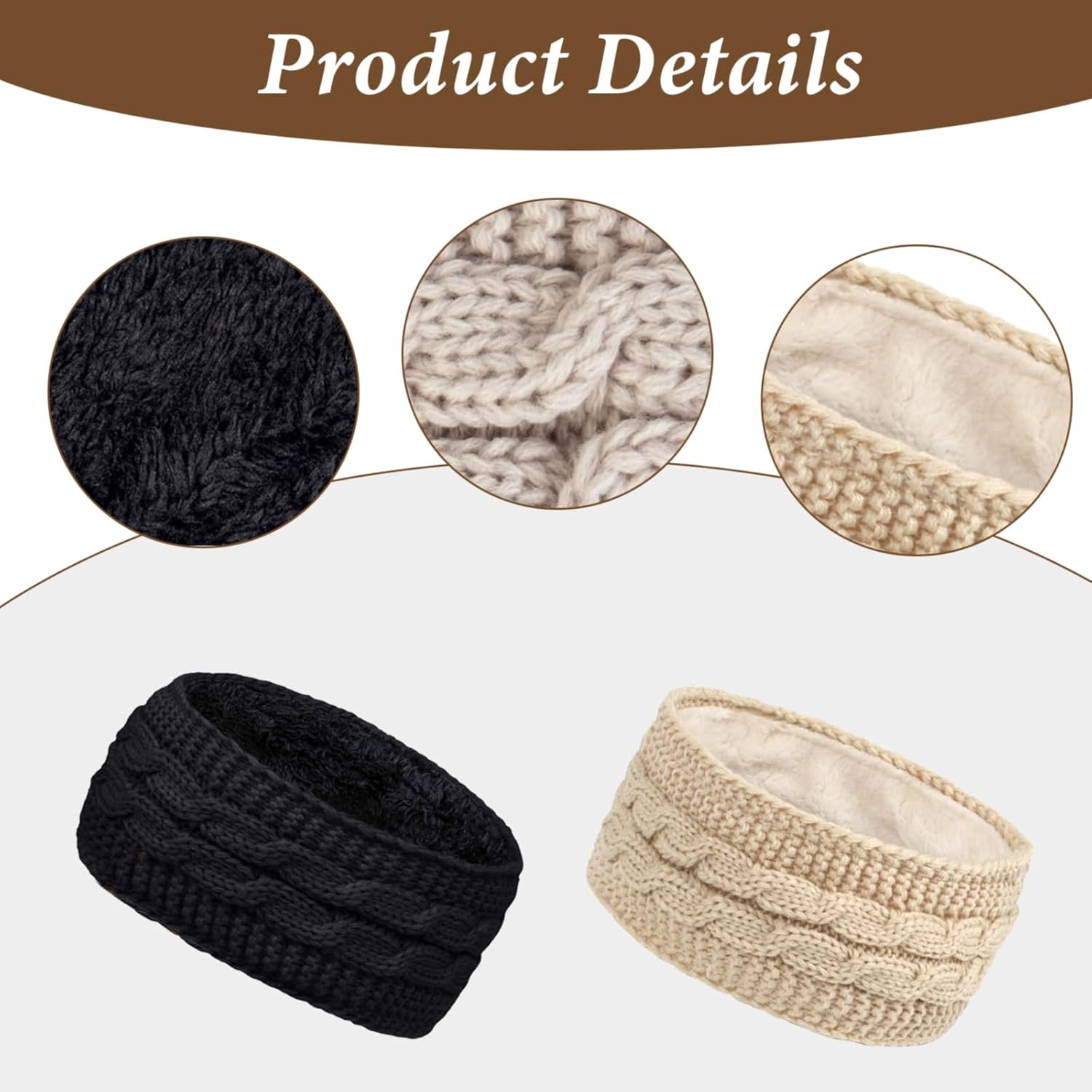 Pack of 2 Winter Headband for Women, Elastic Knitted Hair Band, Girls Thick Warm Headbands, Ear Warmers, Headband, Thermal Headband (Black, Beige)