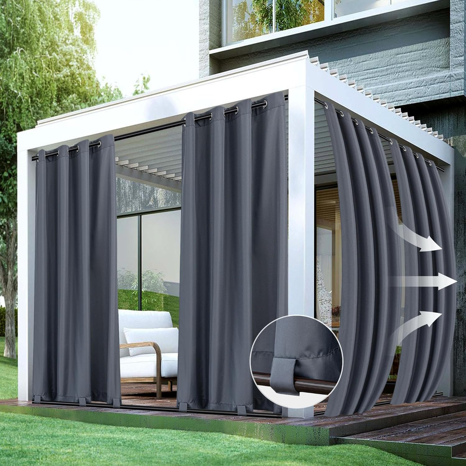 Holidayideas Outdoor Curtains for Patio Waterproof 4 Panels 110X84 Inch-Windproof Weatherproof Privacy Wide Cream Curtains-Grommet Top and Tab Bottom Drape for Pergola, Porch, Gazebo, Backyard