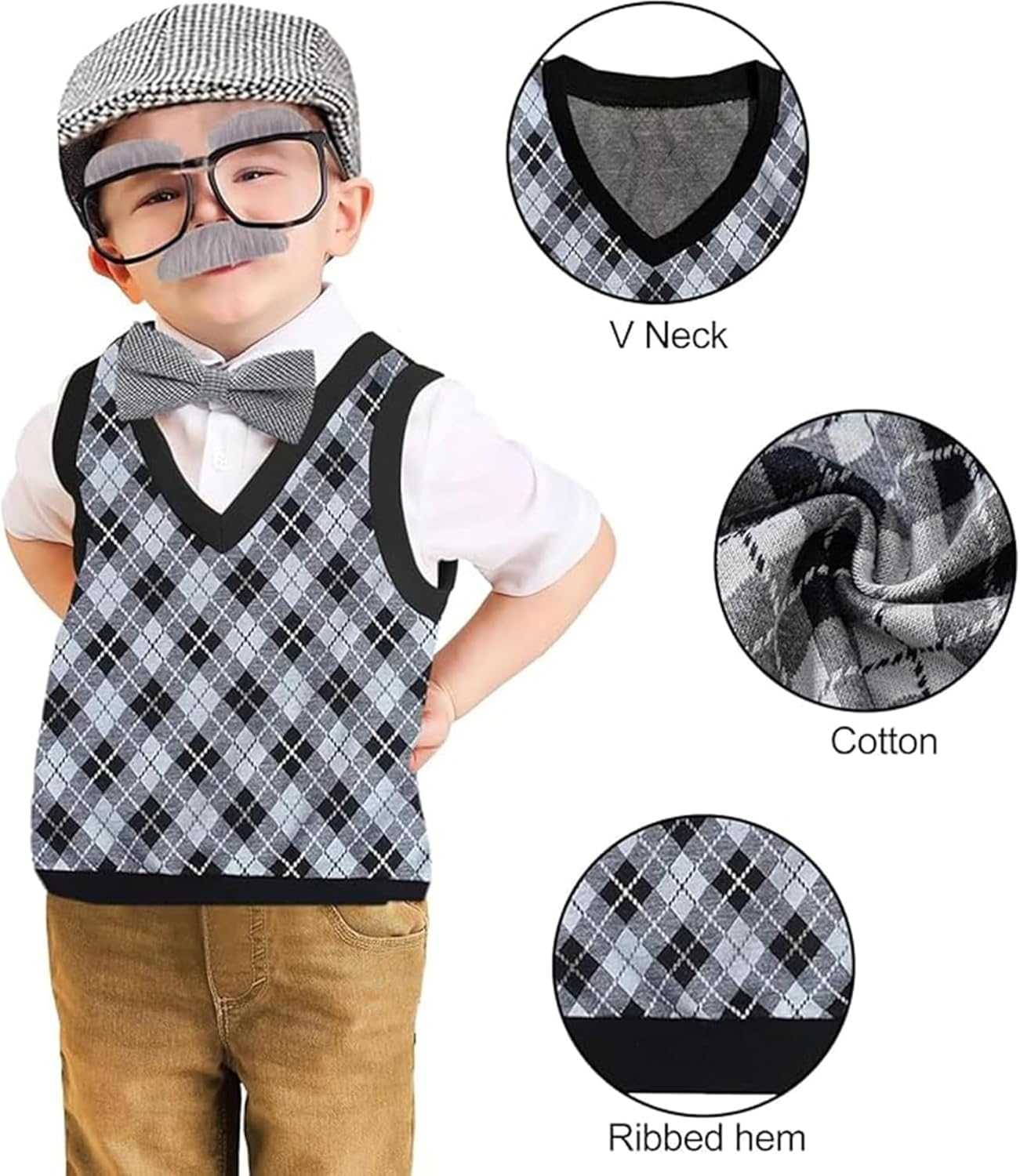 Kids 100 Days School Old Grandpa Man Costumes Set for Kids Teenagers Halloween Cosplay, School Stage Play, Christmas Dress up Outfit Accessories image number 1