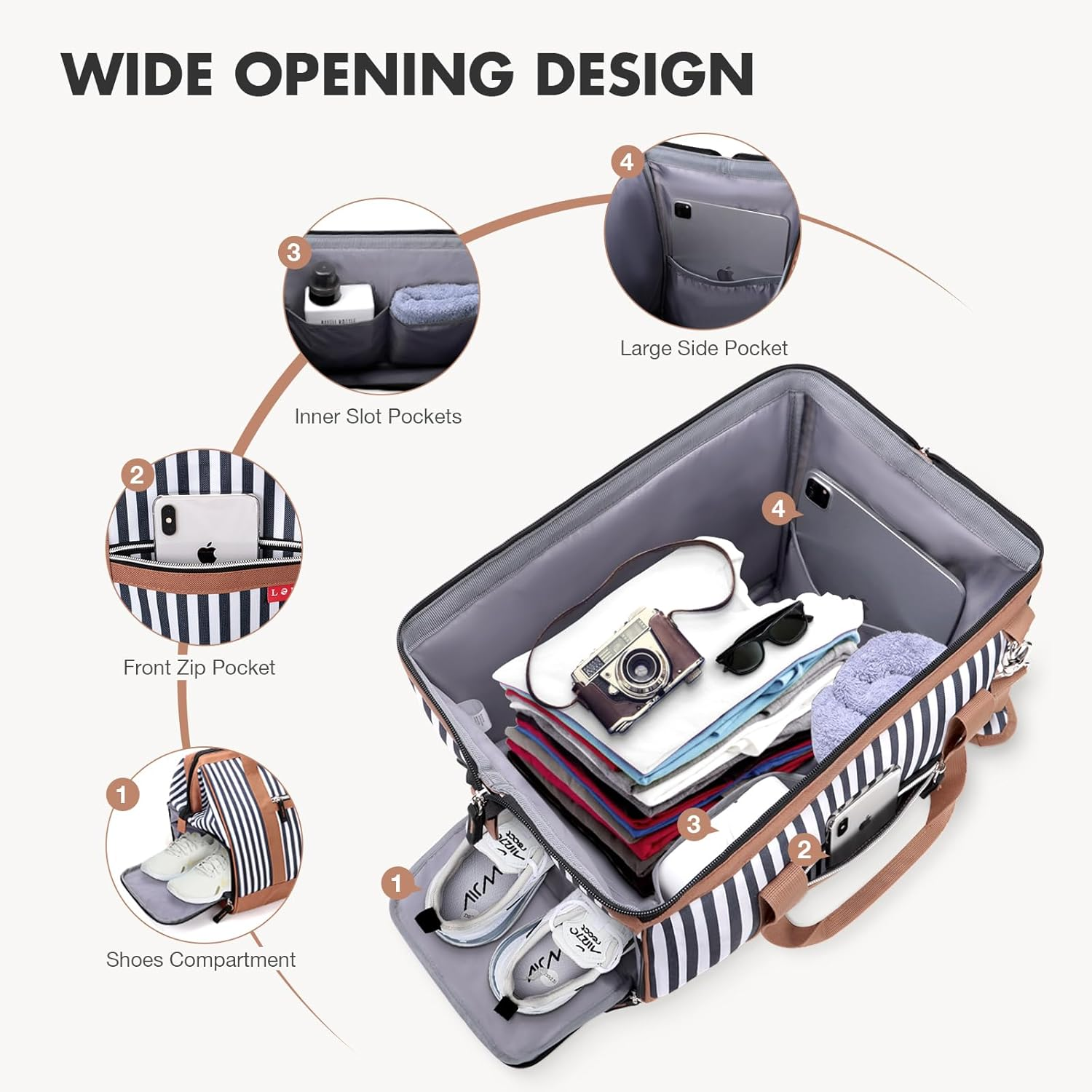 Lekesky Overnight Bag for Women Weekend Bag Holdall Bag Maternity Hospital Bag with Top Large Opening Travel Duffles Bag for Women, Blue Striped, A-Blue Striped, 33L, Travel Bag image number 4