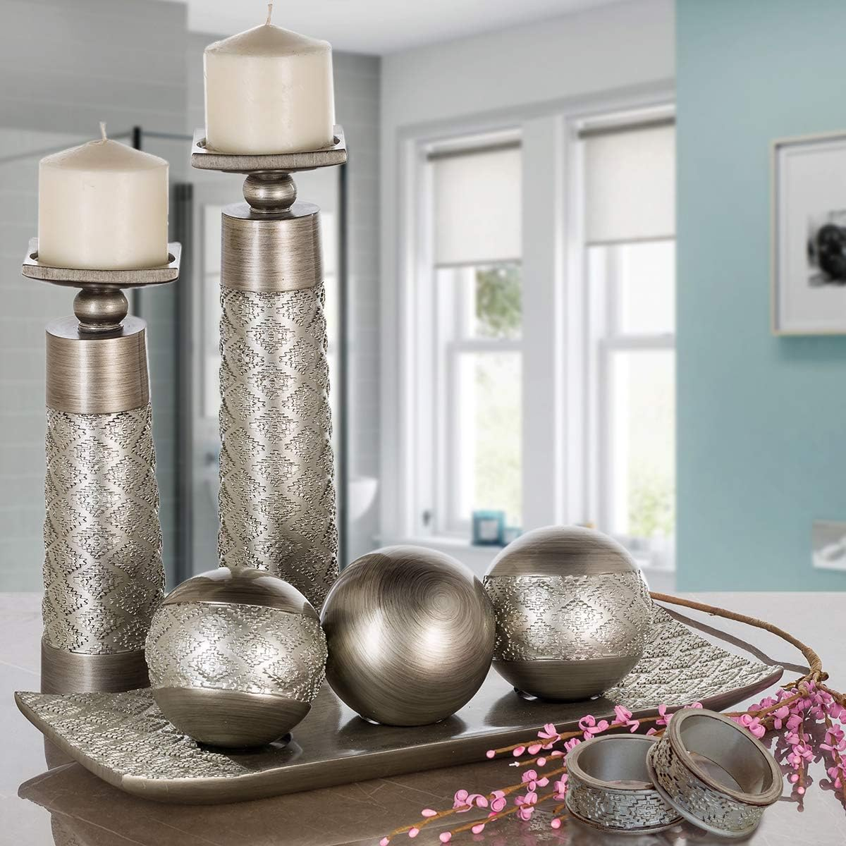 (Brushed Silver) - Dublin Decorative Tray and Orbs/Balls Set of 3, Centrepiece Bowl with Balls Decorations Matching, Rustic Decorated Spheres Kit for Living Room or Dining/Coffee Table, Gift Boxed (Brushed Silver) image number 1