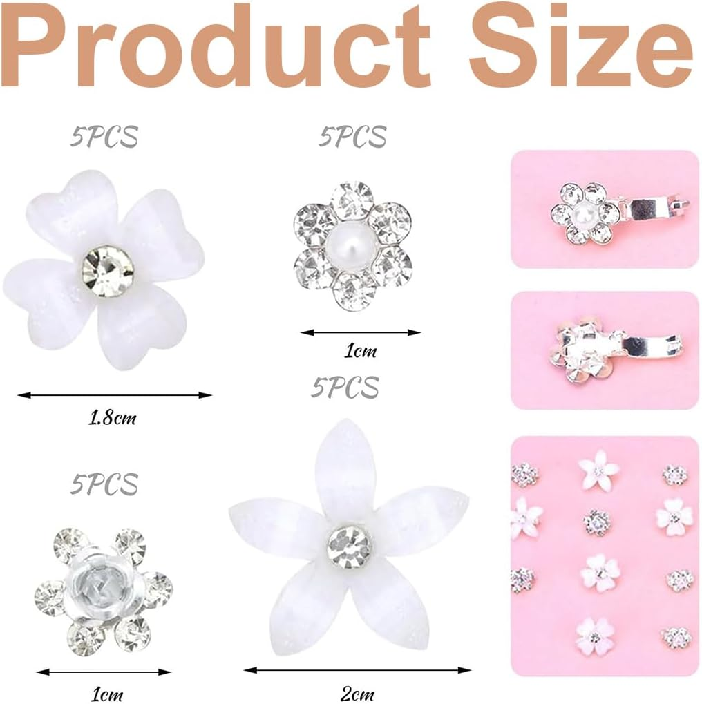 WUSJCOF 20 Pieces Mini Flower Hair Clips Cute Rhinestone Hairpins Small Decorative Wedding Hair Clips Bridal Hair Accessories for Girls and Women (White Flowers) image number 4