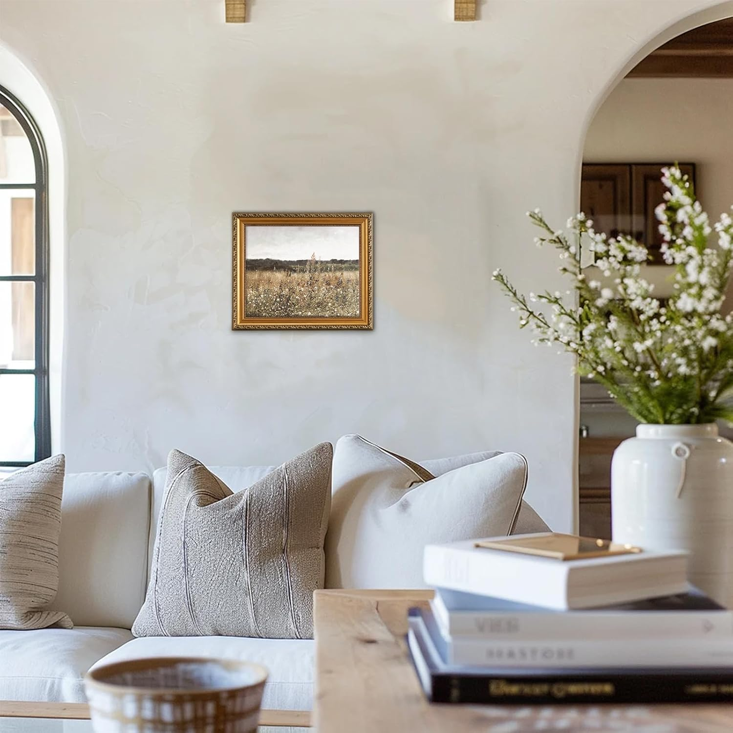 Uniro Vintage Gold Framed Wall Art for Home Decor, Farmhouse Wall Decor Wildflower Field Landscape Canvas Artwork, Antique Landscape Oil Painting for Bedroom Wall Decor, Rustic Country Aesthetic image number 6