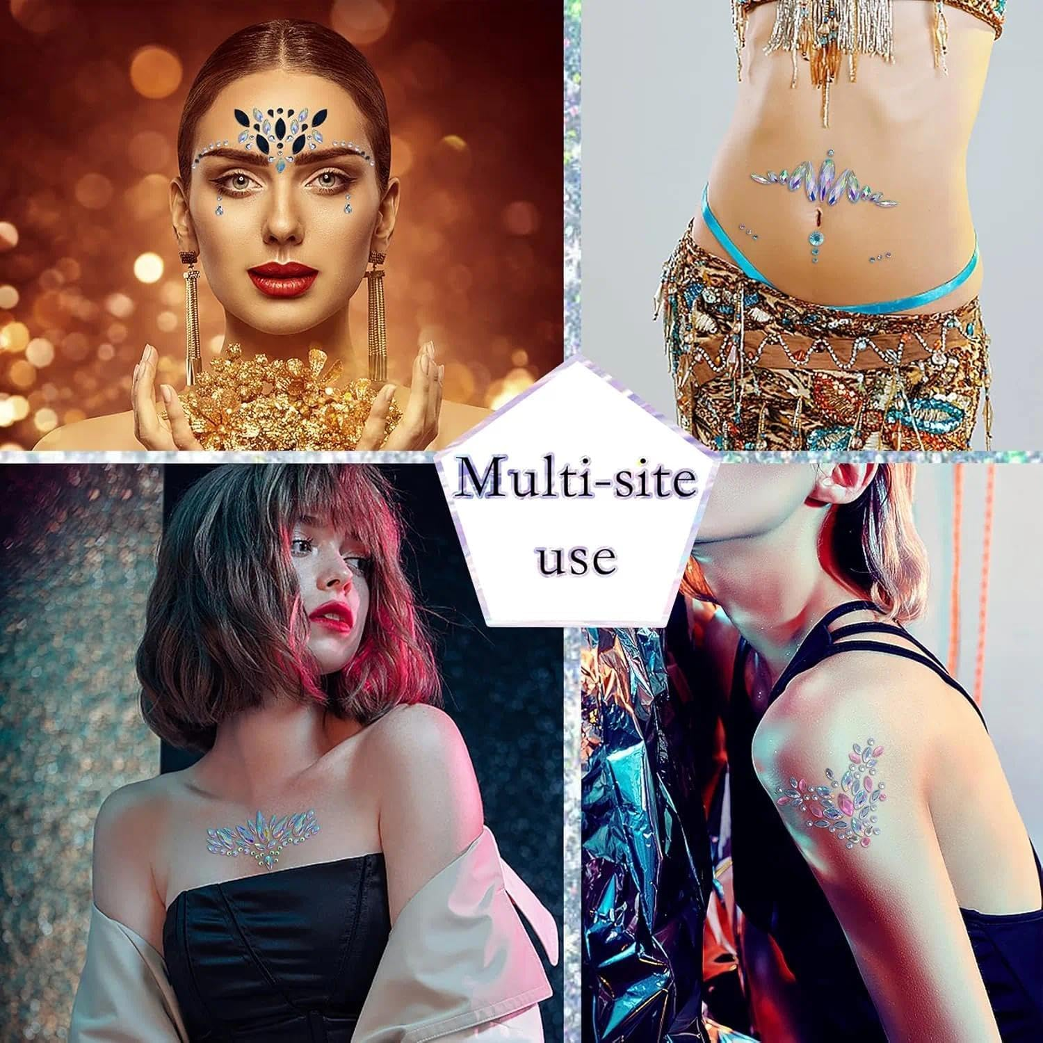 Mermaid Face Gems Kit - 12 Sets of Rhinestone Jewels, Temporary Tattoos, Festival & Rave Crystal Stickers for Women, for Party, Carnival, and Special Occasions by Geiwogwc image number 4