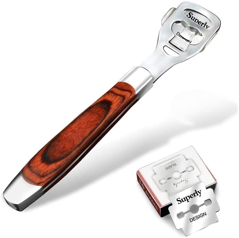 Stainless Steel Callus Shaver Pedicure Dead Hard Skin Remover Heel Razor Wooden Handle Cutter with Skin Rub & 10 Blades for Foot Care, Removing Solid, Cracked Skin Cells image number 5