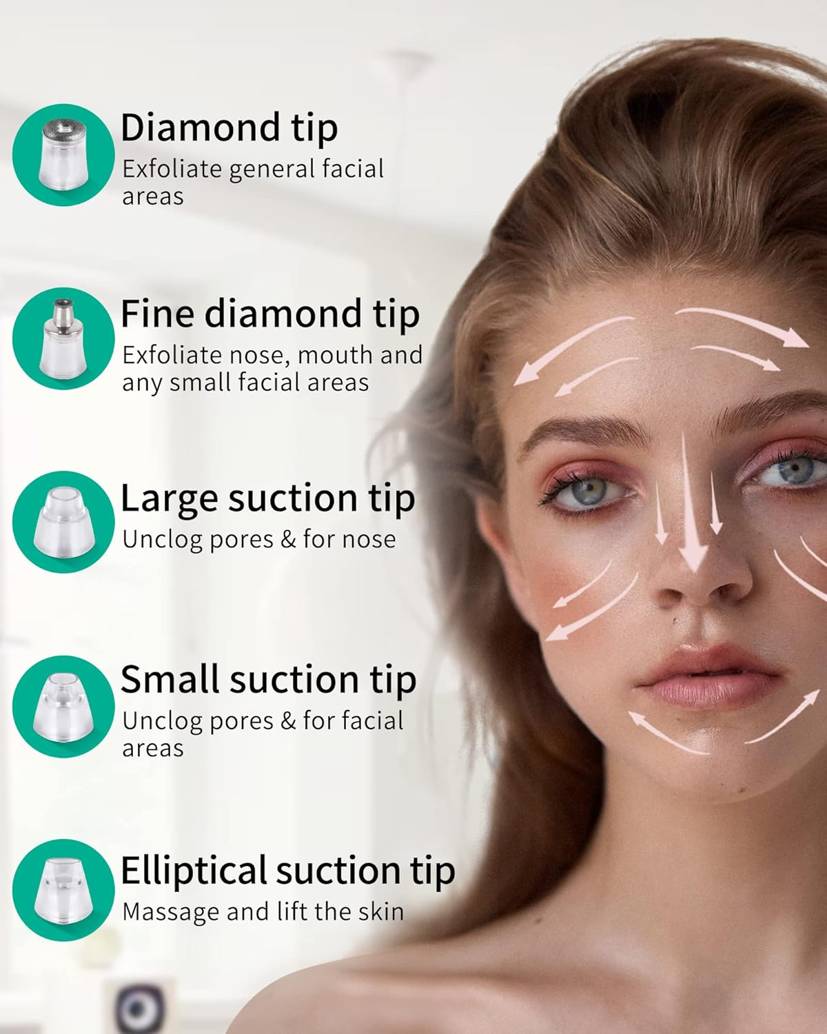 NEWDERMO 2-IN-1 Microdermabrasion Machine & Pore Vacuum Cleaner, 5 Tips & 5 Suction Diamond Microdermabrasion Device USB Rechargeable - Advanced Home Facial Skin Care Treatment Machine(Pure White) image number 6