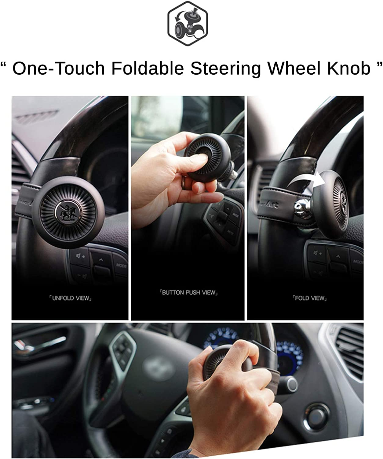 Blacksuit Car Steering Wheel One-Touch Foldable Knob Leather Power Handle Spinner Suicide Accessory Knob for Car Vehicle Truck image number 3