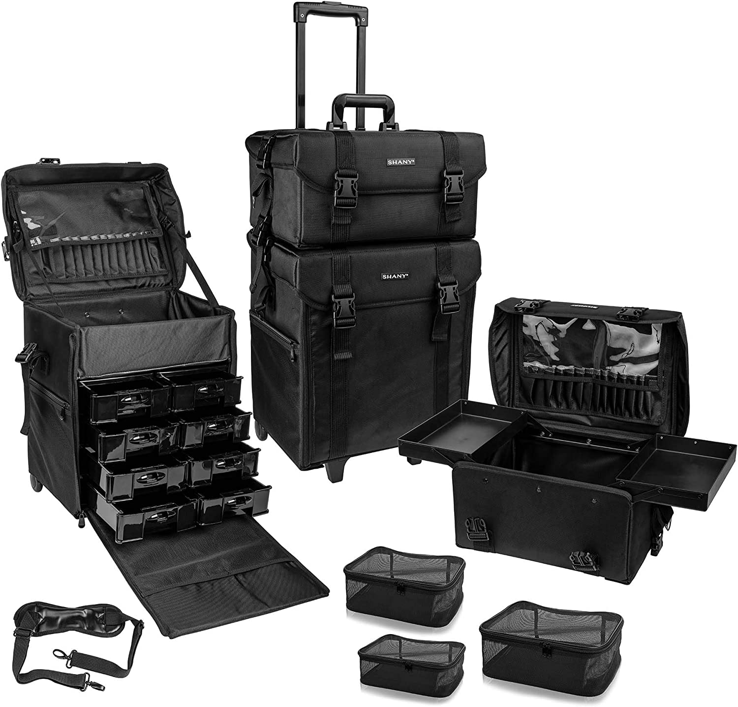 SHANY Cosmetics 2 Compartment Soft Black Rolling Trolley Makeup Case with Free 3 Piece Organizer Mesh Bags, 28 Inch