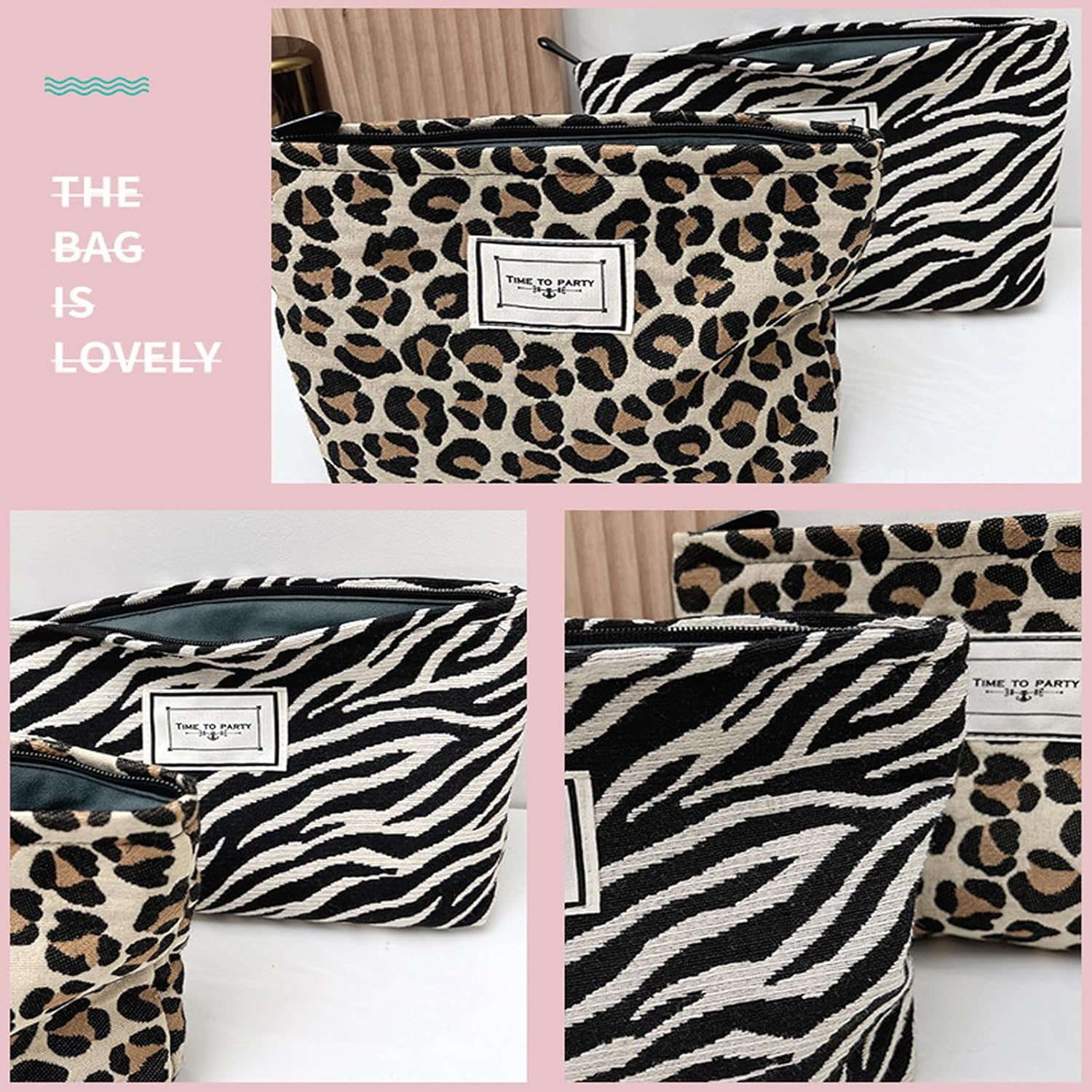 Leopard Print Cosmetic Bag, Canvas Makeup Bags, Multifunctional with Metal Zip, Spacious Cosmetic Bag for Women, Toilet Bag with Zebra Stripes, Pack of 2 image number 6