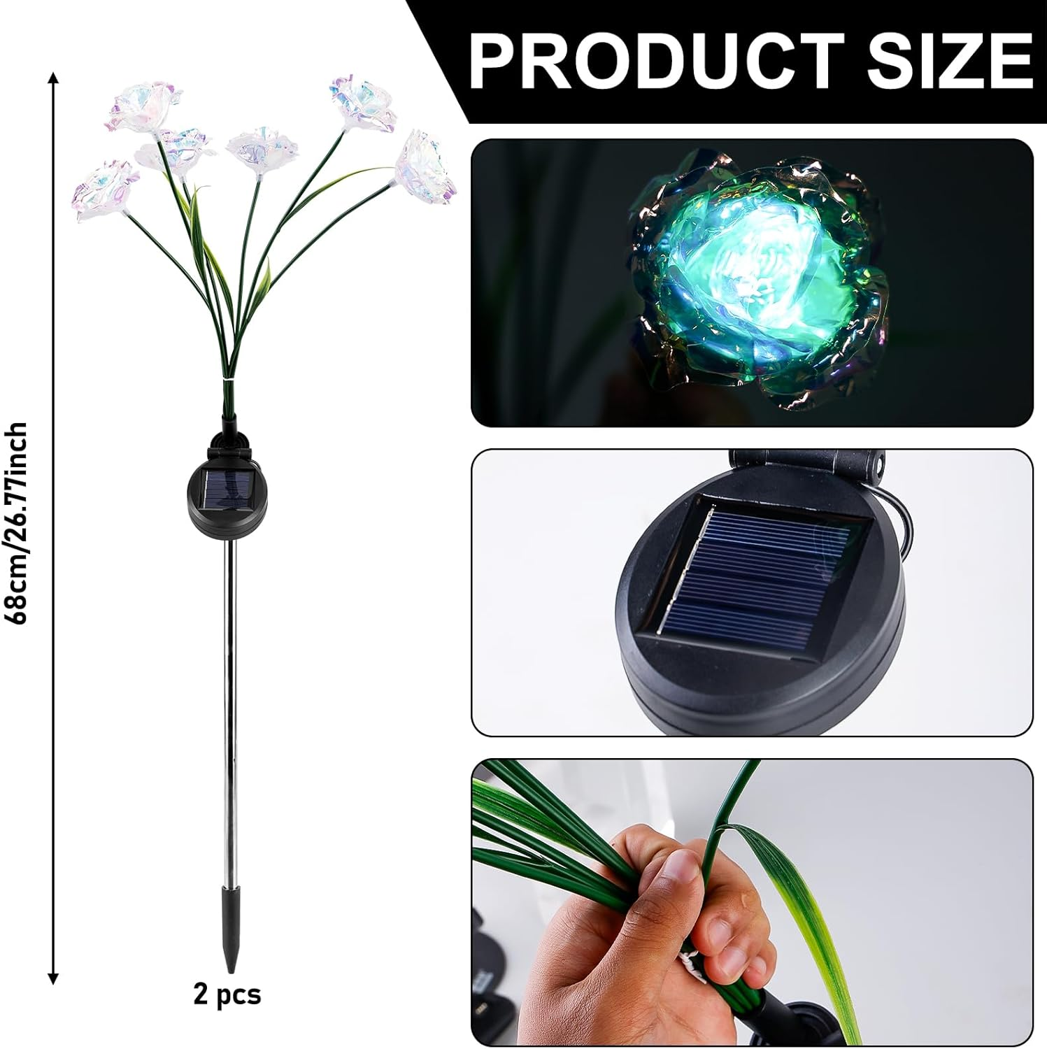 Pack of 2 LED Solar Lights Flower, Rose Petal Solar Garden Lights for Outdoor Garden, IP65 Waterproof Swinging Solar Garden Lights for Yard, Patio, Walkway Decoration image number 2