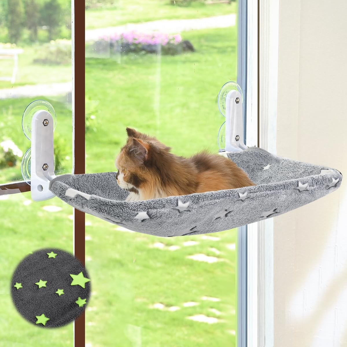 Zoratoo Cat Window Perch, Glow in the Dark Cordless Foldable Pet Hammock Bed for Window with Sturdy Metal Frame, Glowing Stars Pattern Resting Seat for Indoor Cats (Cat Bed - Stars) image number 6