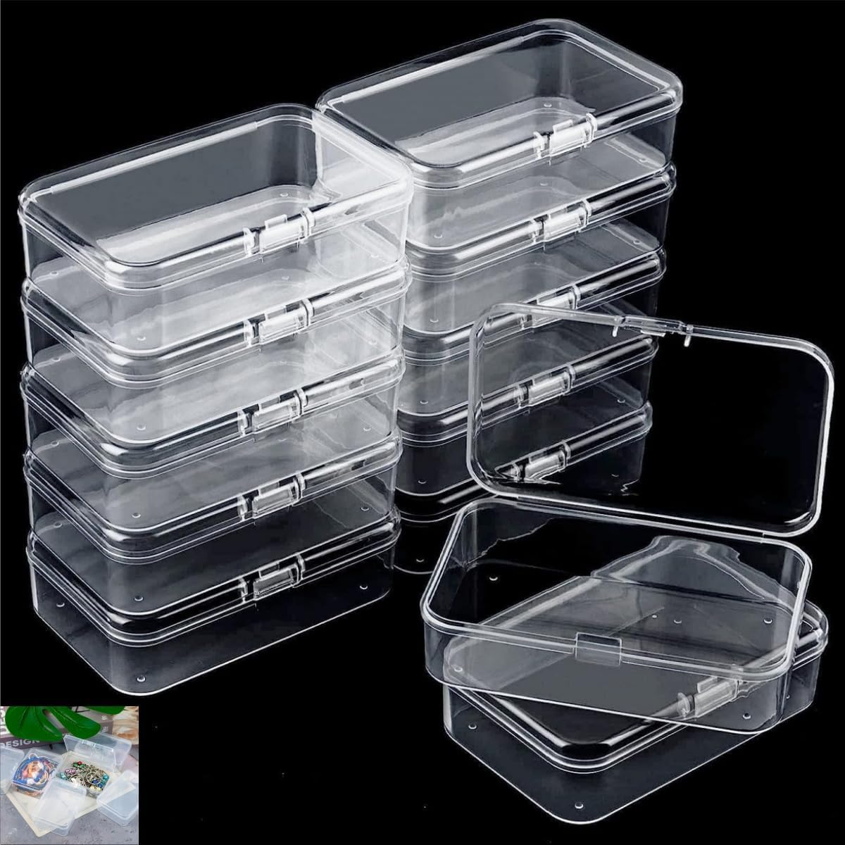 HIDOSNG 12 Pcs Small Boxes with Hinged Lids, Rectangle Clear Craft Storage Containers with Lids Plastic Boxes for Beads, Jewelry and Other Small Items(2.5 X 1.7 X 0.8 Inches) image number 4