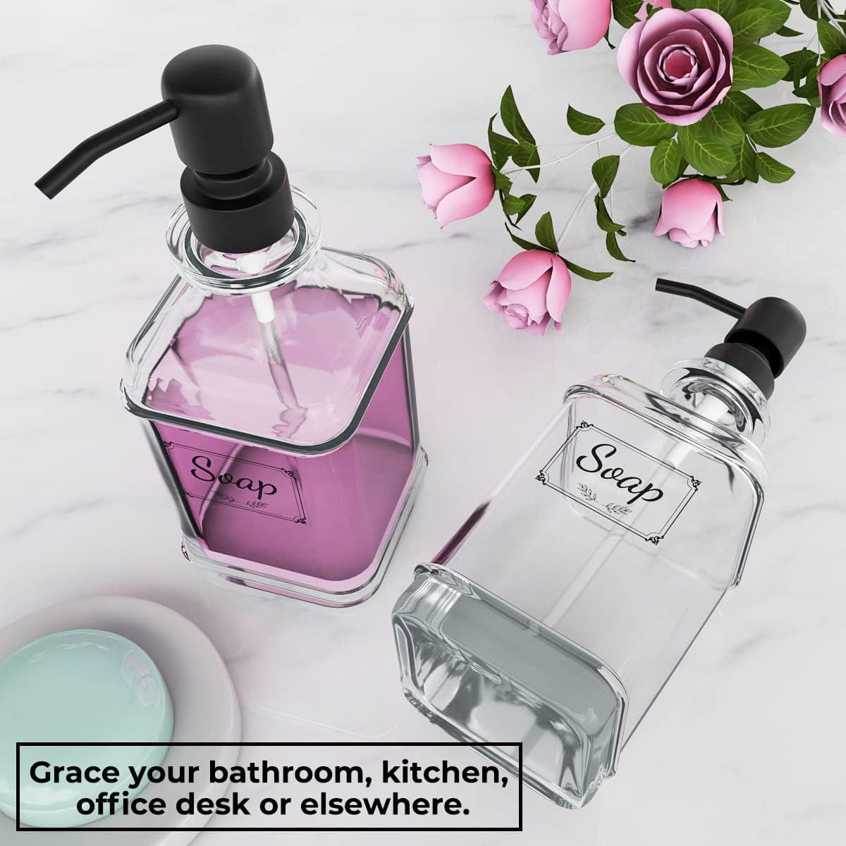 Soap Dispenser 2 Pack, 18 Oz Antique Design Thick Glass Hand Soap Dispensers with 304 Rust Proof Stainless Steel Pump 4 Clear Stickers for Bathroom Kitchen image number 1