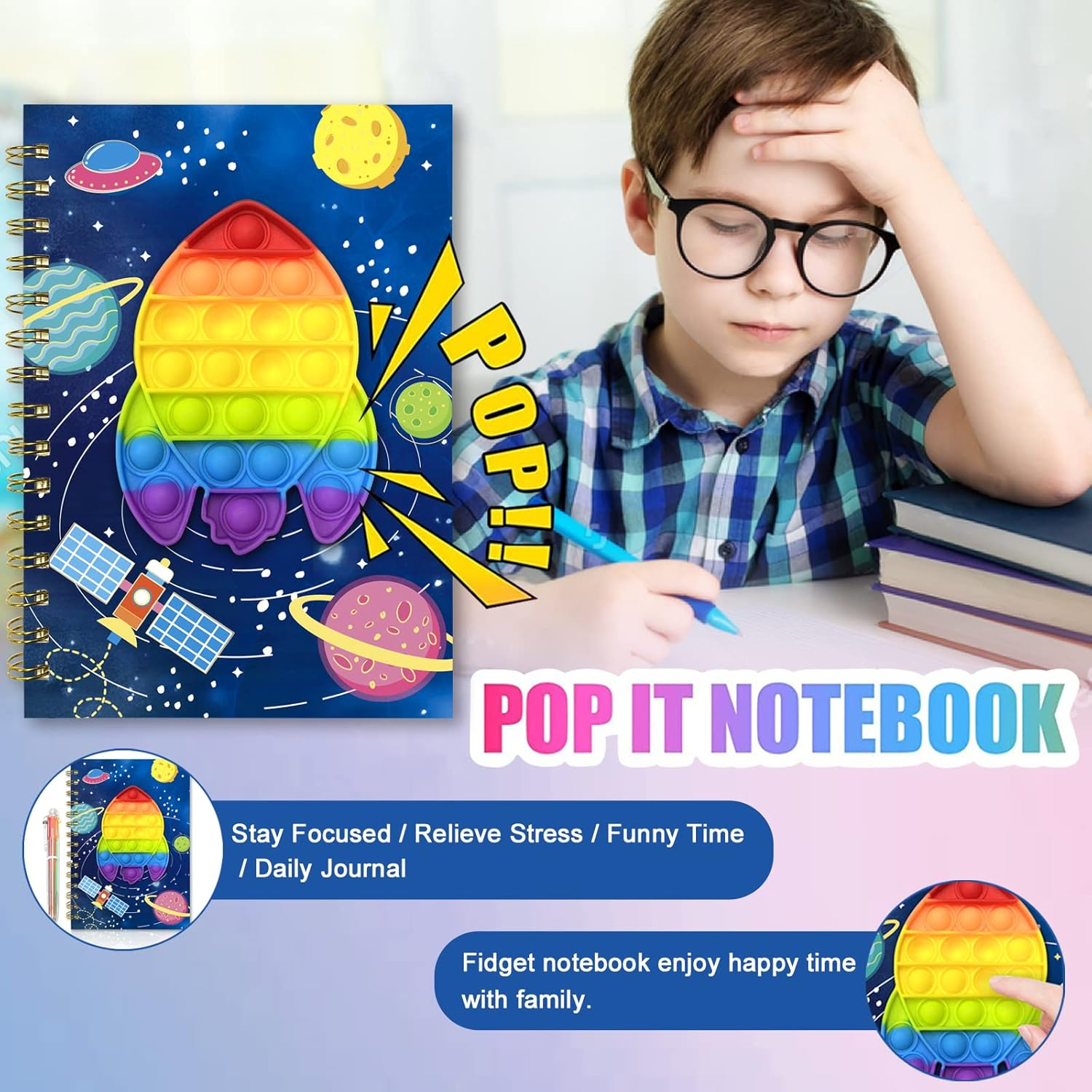 Spiral Notebook for Kids with Pen, 21X14.5Cm 160 Lined Pages Spacecraft Pop Notebook for Boys Diary with 6 Multi-Colored Pen Fidget Cute Teenager Journal for Kids Boy Gifts 6 7 8 9 10 Years Old - Rocket image number 2