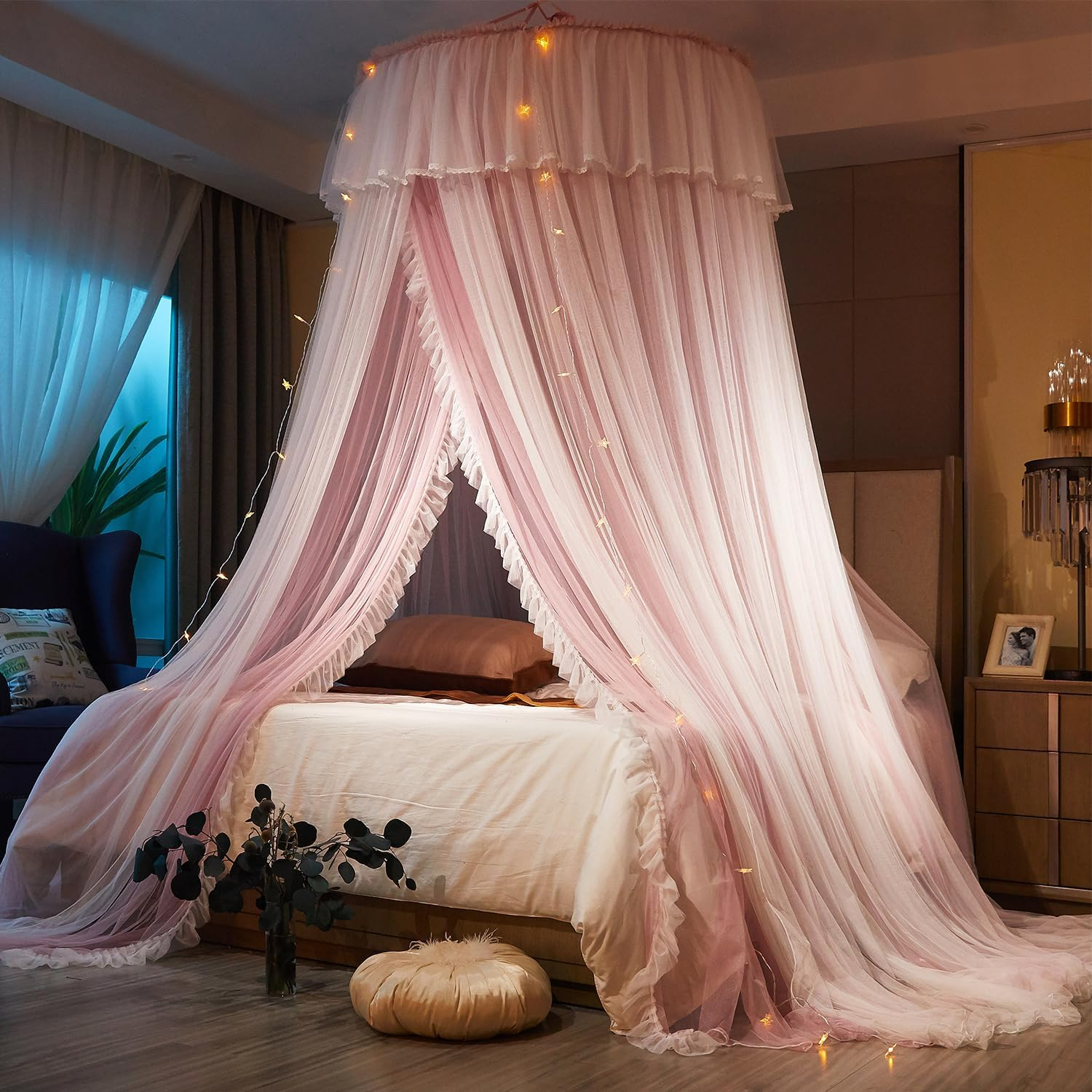 Elegant Double Layer Bed Canopy, Princess Lace round Dome Canopies Netting Mesh Bed Curtain Drapes for Kids Adults Children Dreamy Mosquito Nets Bedroom Decoration Castle Play Tent Reading Nook image number 1