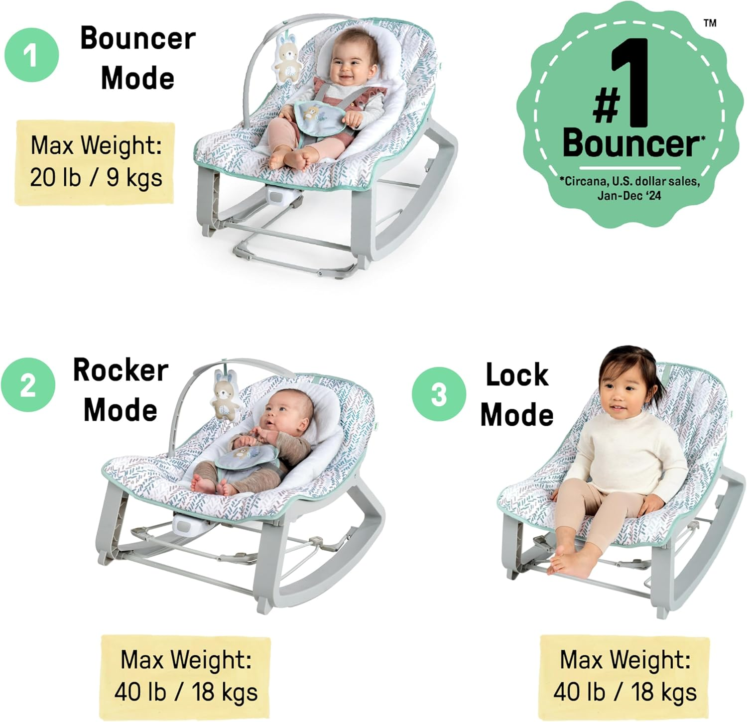 Ingenuity Keep Cozy 3-In-1 Grow with Me Vibrating Baby Bouncer Seat & Infant to Toddler Rocker - Spruce, Newborn and Up image number 4