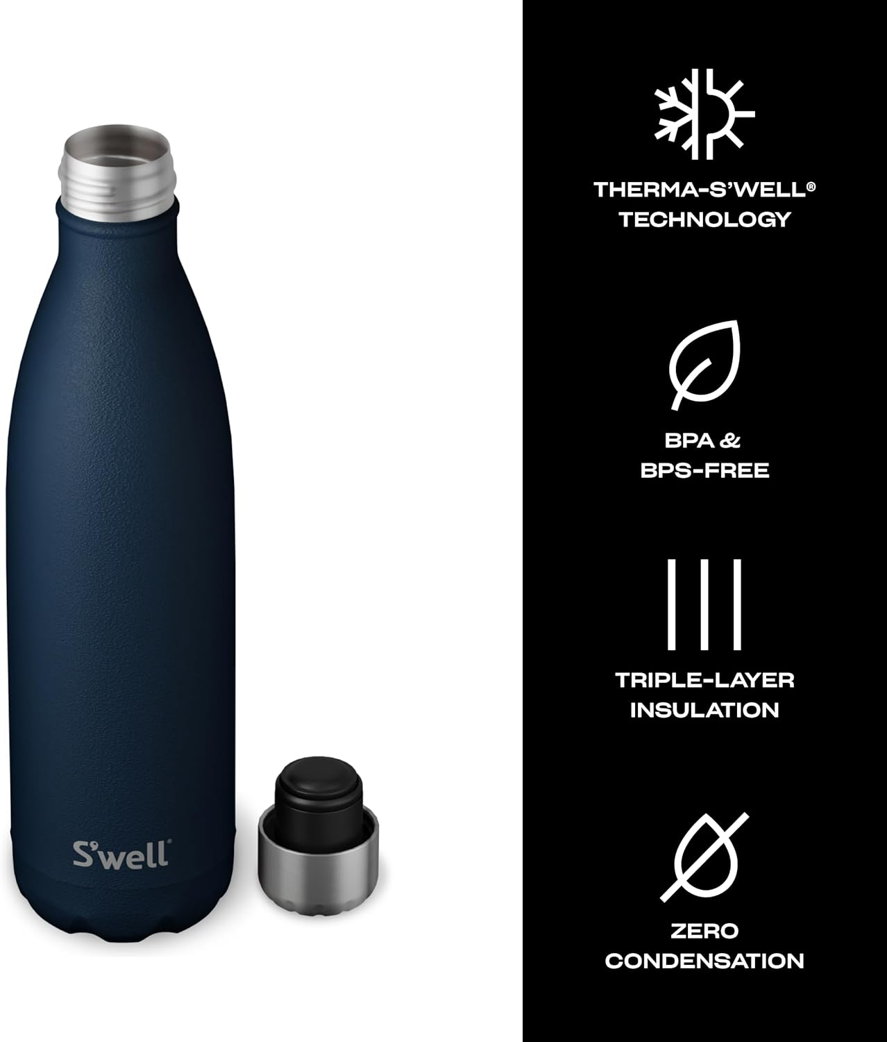 S'Well Stainless Steel Water Bottle, 25Oz, Azurite, Triple Layered Vacuum Insulated Containers Keeps Drinks Cold for 48 Hours and Hot for 24, BPA Free, Perfect for on the Go image number 5