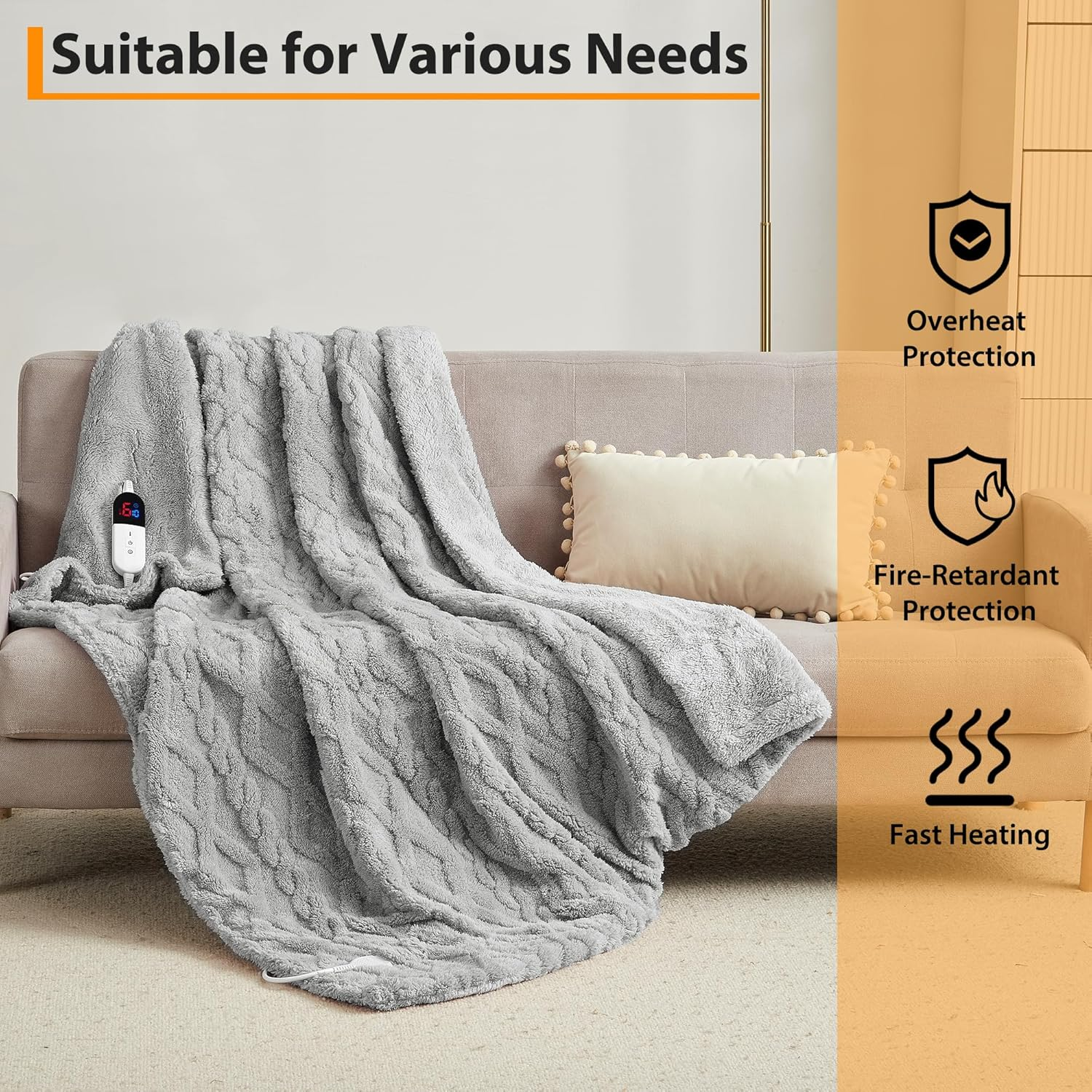 Heated Throw Blanket - 160X130Cm Thick Tufted Sherpa Electric Blanket with 6 Heat Settings and 10H Auto-Off, SAA Certified Overheat Protection Machine Washable Fast Heated Blanket, Gery image number 5