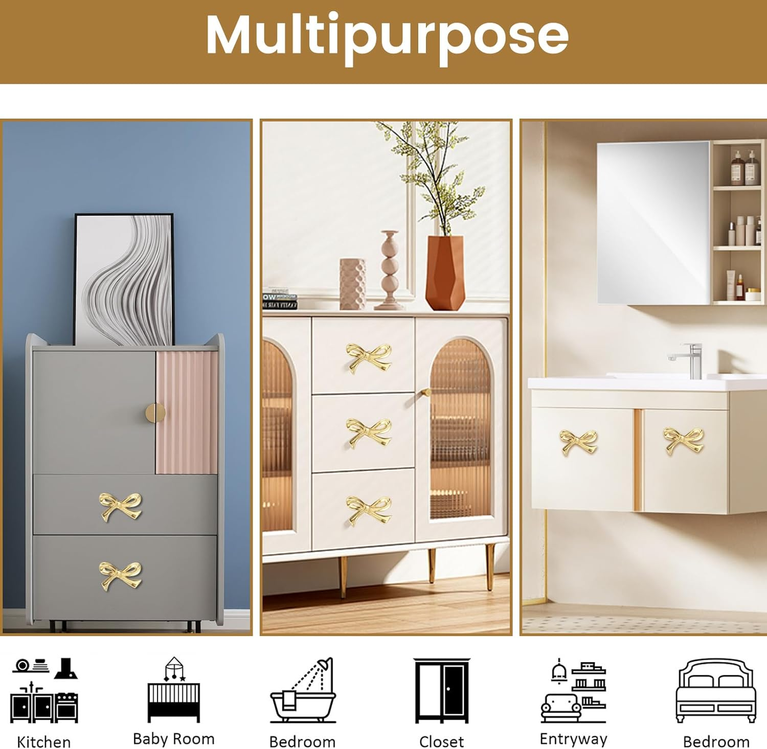 HJJWNDDNG 8Pcs Brass Bow Shape Cabinets Knobs, Gold Knobs for Cabinets Drawer Pulls Decorative Bow Knobs Cupboard Pull Handles, Cabinet Hardware Dresser Wardrobe and Drawer Pulls image number 6