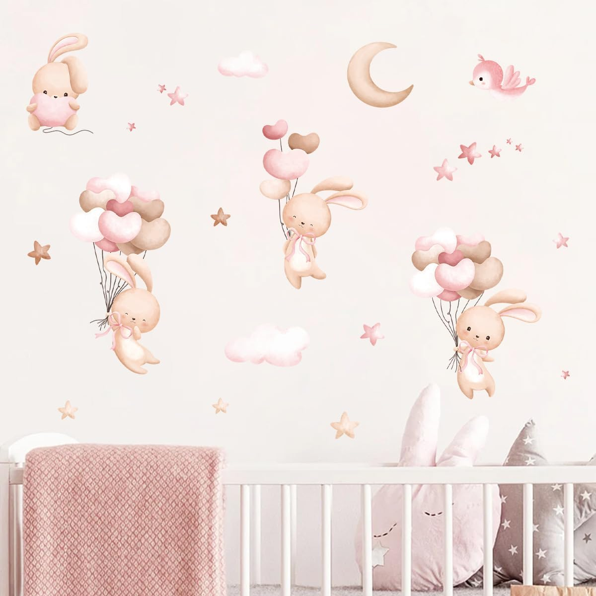 Cartoon Cute Rabbit Wall Decal the Moon and Stars Cloud Bunny Wall Stickers Nursery for Bedroom Girls Decor