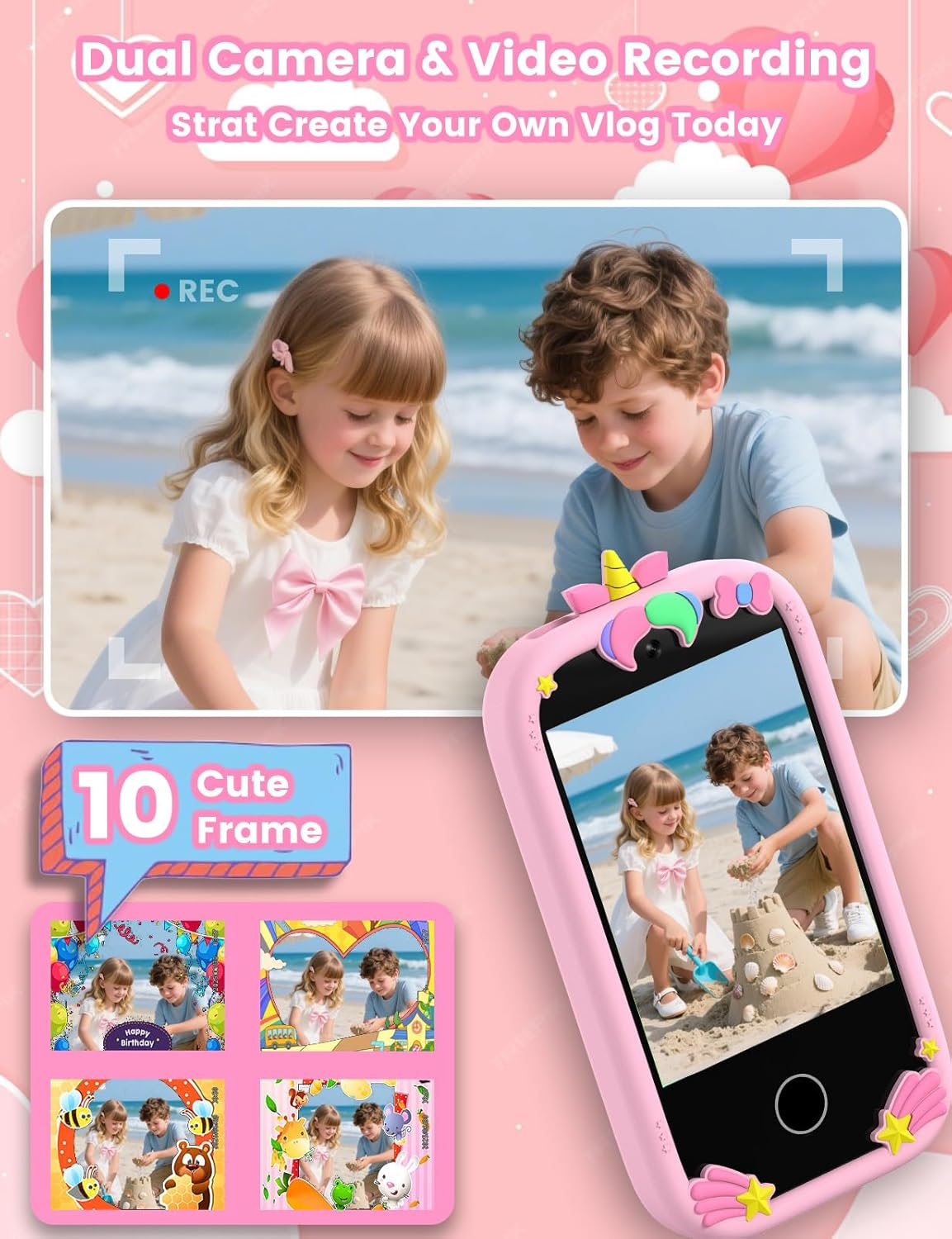 ZONEY Kids Smart Phone Toys, Christmas Birthday Gifts for Girls Age 4-10, Kids Educational Phone, 2.8" Touchscreen Toddler Learning Play Toy Phone with Dual Camera, Game, Music Player, 32GB Card, Pink - Pink image number 4