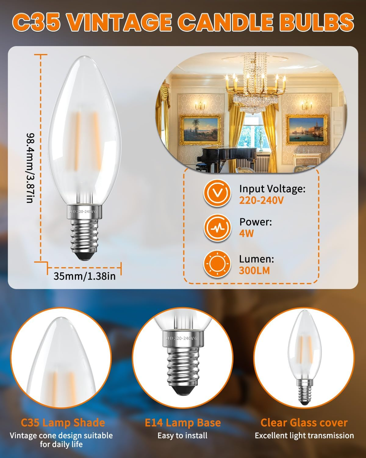 Doright E14 LED Filament Candle Bulb 4W, C35 SES Candle Light Bulbs - 4W LED Equivalent 40W Halogen - Warm White 2700K - Non Dimmable - 2 Packs image number 2