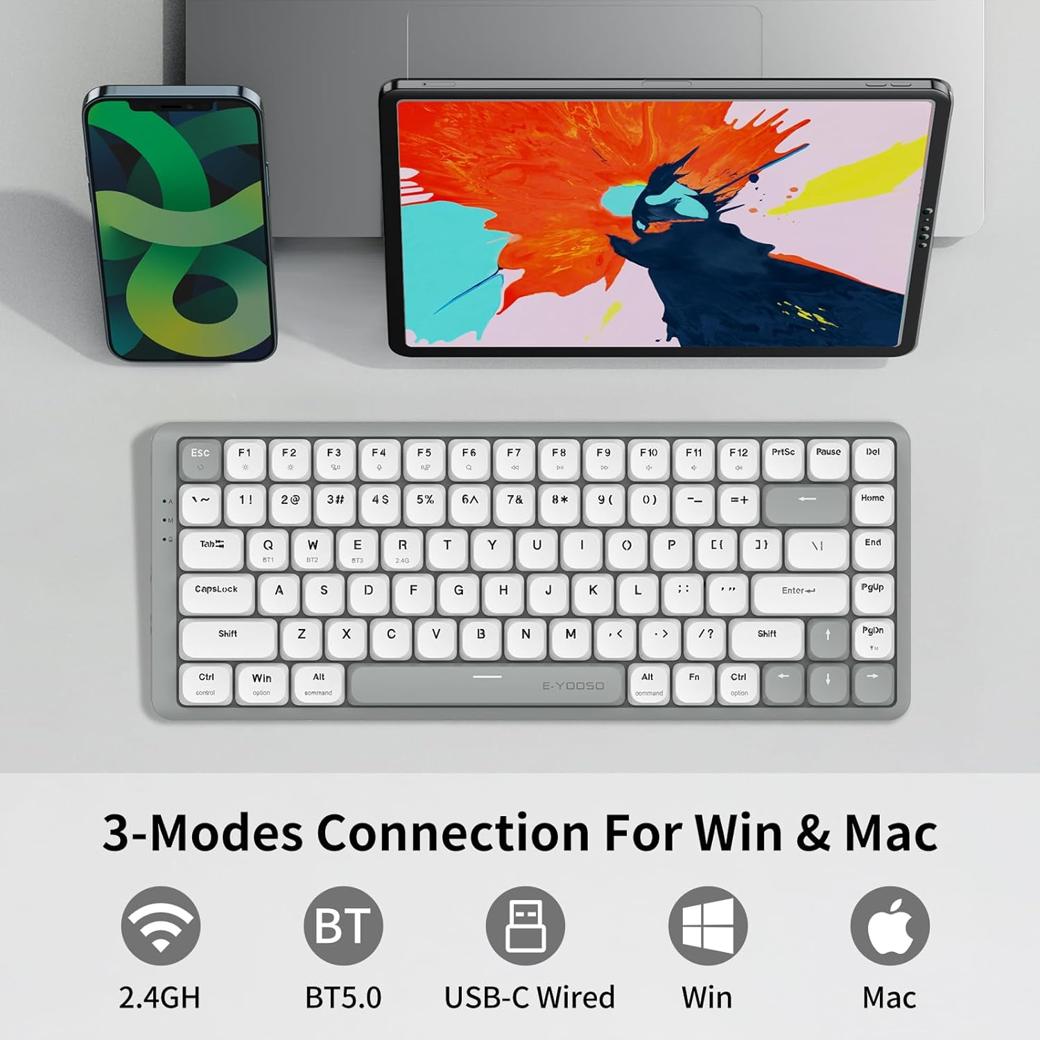 E-YOOSO Z-84 84 Keys Ultra-Slim Wireless Bluetooth/Usb Wired Mechanical Keyboard with White LED Backlit, Low-Profile G Mechanical Red Switch Compatible with Mac Windows