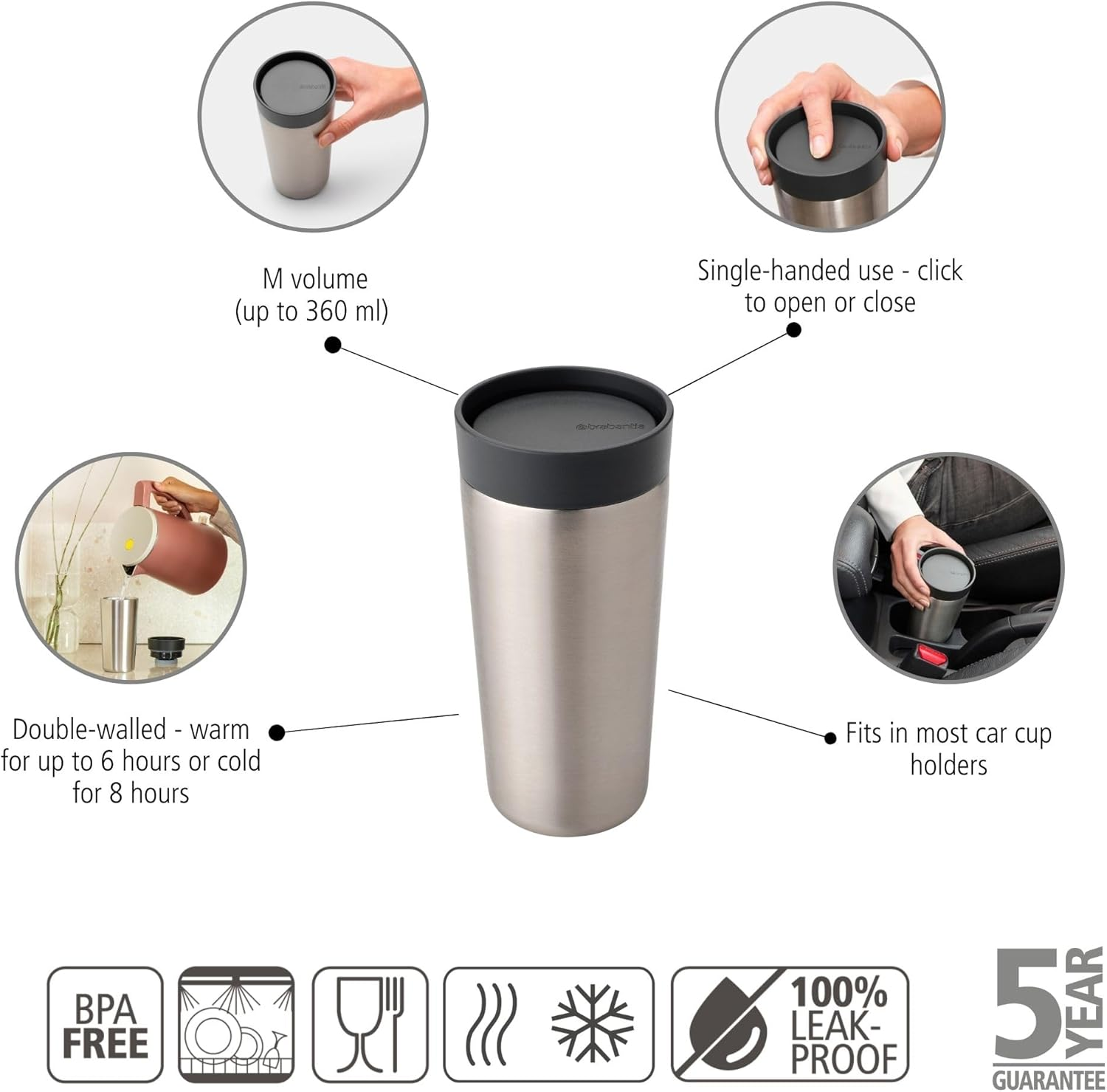 Brabantia Make & Take Medium Insulated Thermos Cup (360Ml / Dark Grey) image number 6