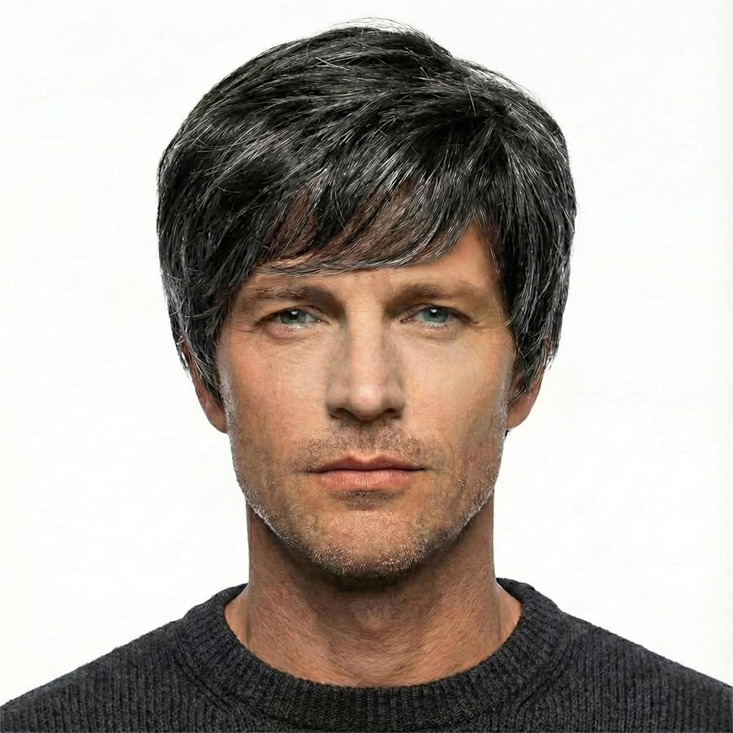 AIYLMZ Short Black Straight Side Part Wigs for Men with Bangs Hair Toupee for Middle Aged Men Natural Stylish Fluffy Layered Wigs Men'S Hairpieces (Black) image number 2