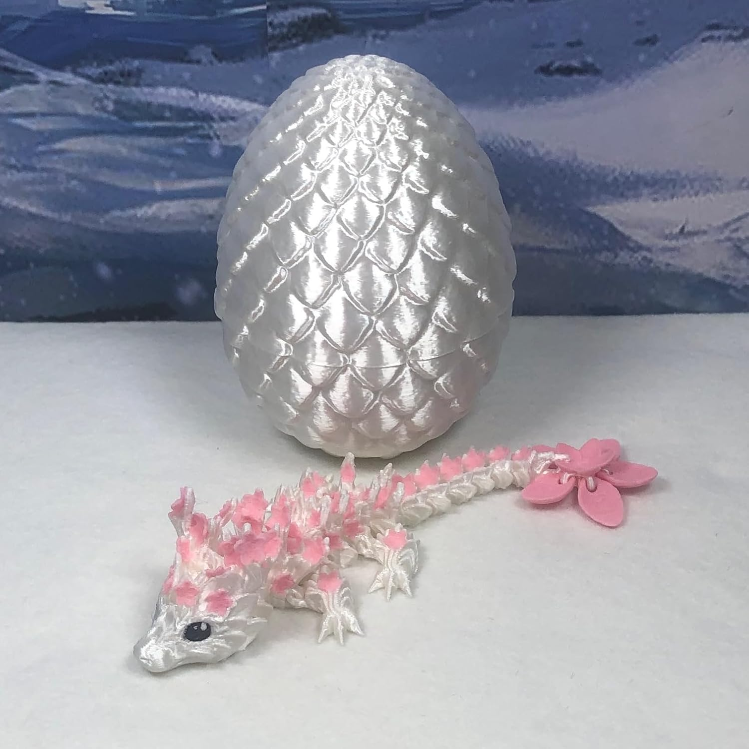Generic 3D Printed Baby Dragon with Dragon Egg, Articulated Baby Dragon, 6"" Pink and White Cherry Blossom Baby Dragon, Fidget ADHD Autism Sensory Toy MBD04-WT image number 2